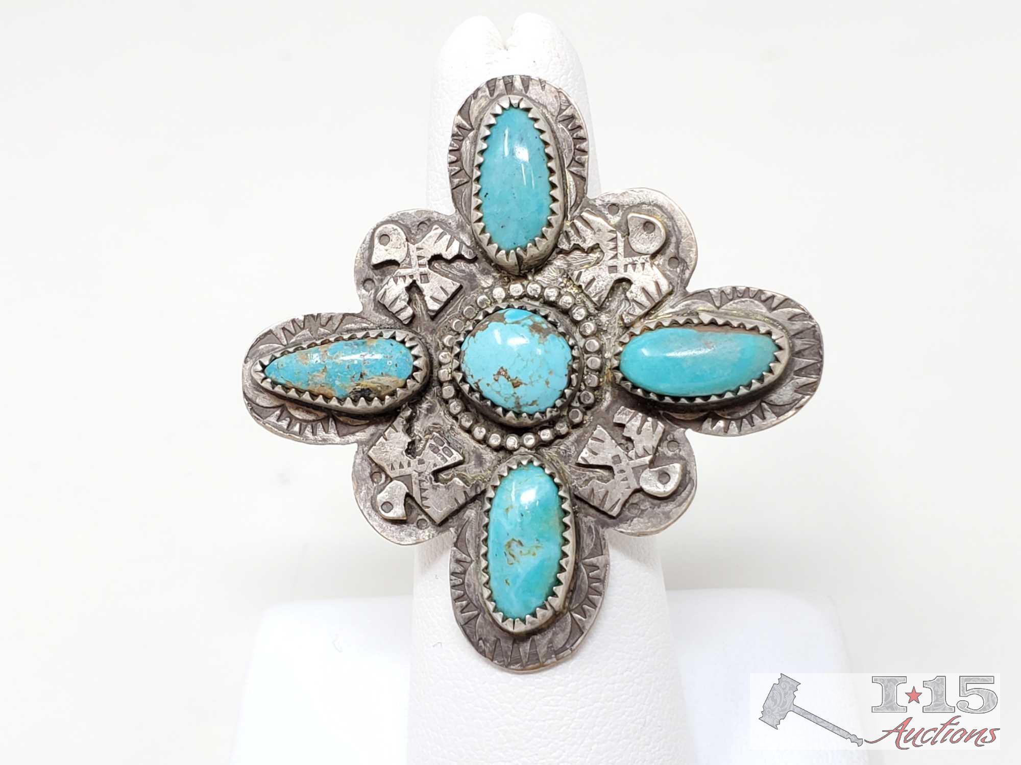 Native American Turquoise and Thunderbird Sterling Silver Ring
