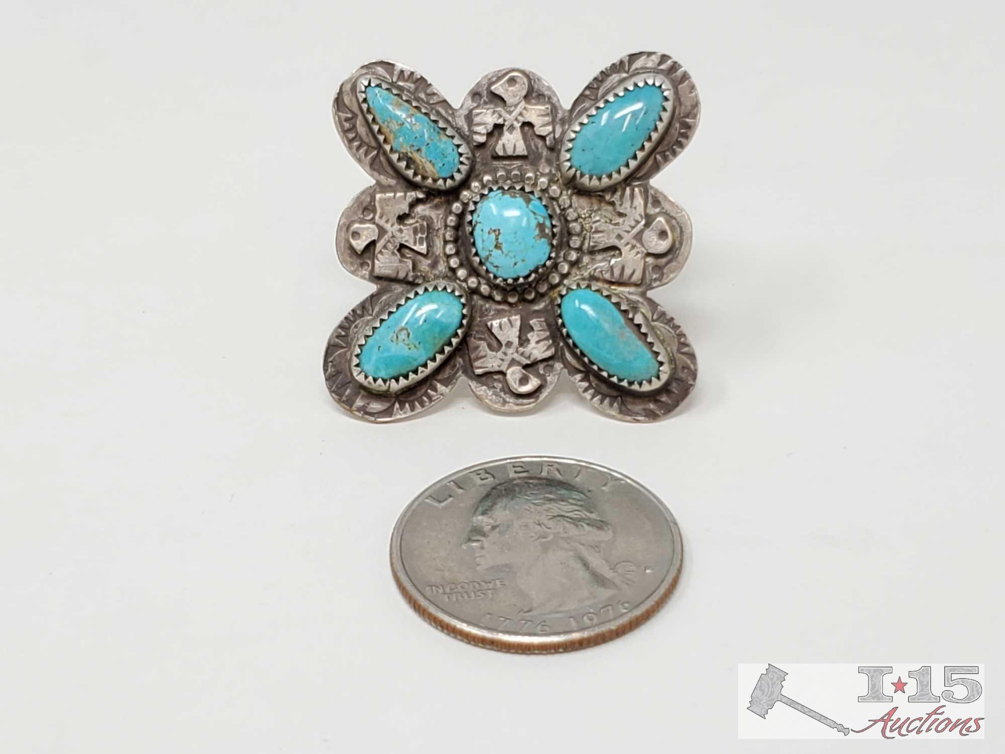 Native American Turquoise and Thunderbird Sterling Silver Ring