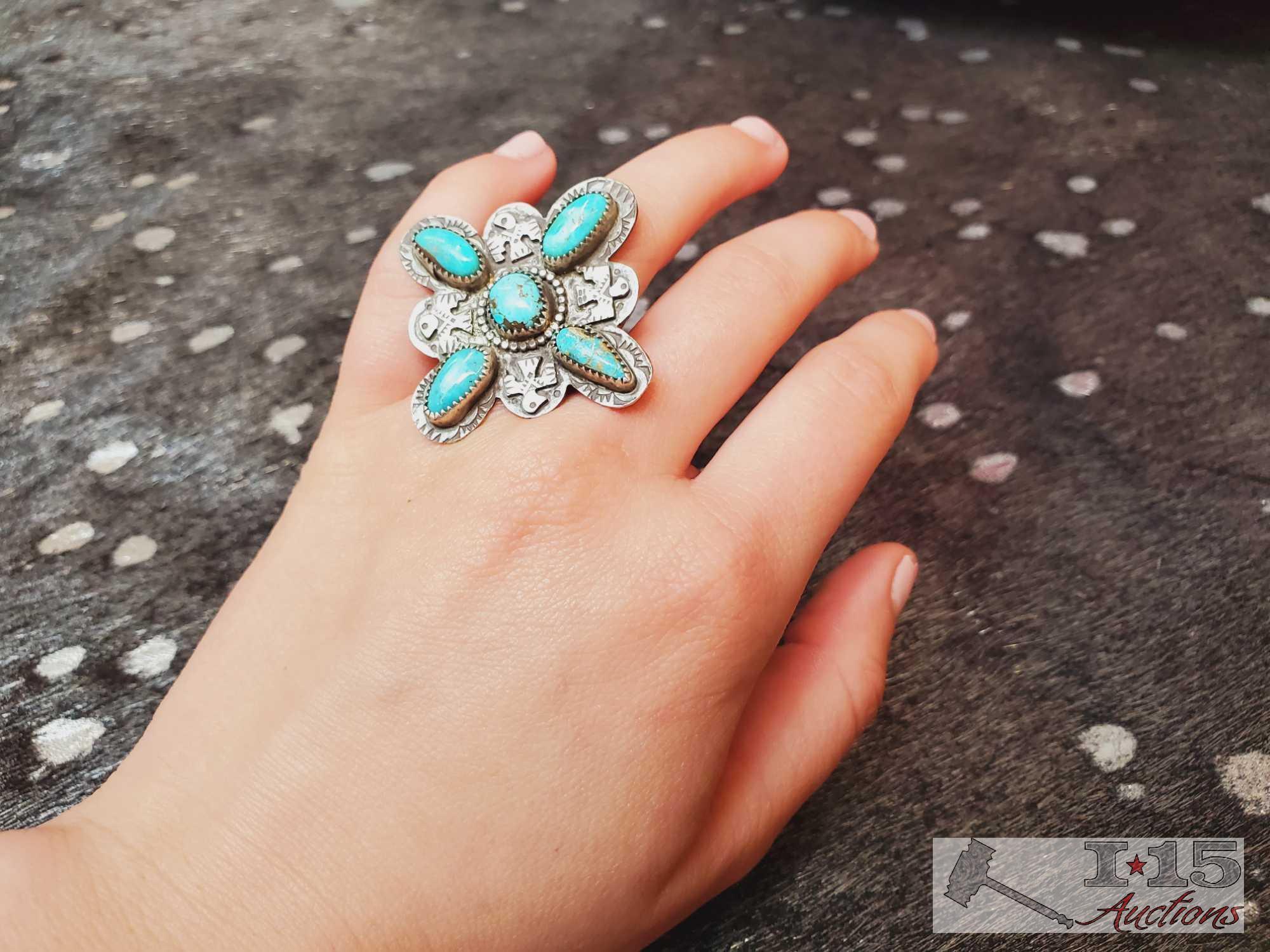 Native American Turquoise and Thunderbird Sterling Silver Ring