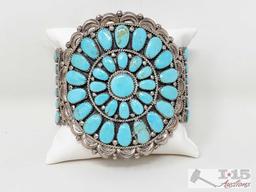 Native America JW Turquoise Cluster Sterling Silver Statement Cuff