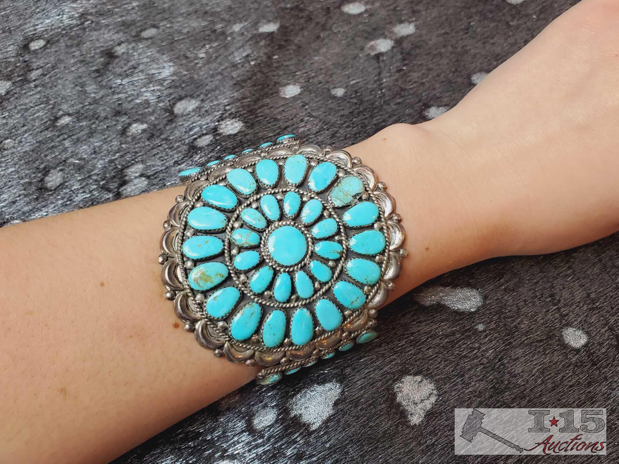 Native America JW Turquoise Cluster Sterling Silver Statement Cuff