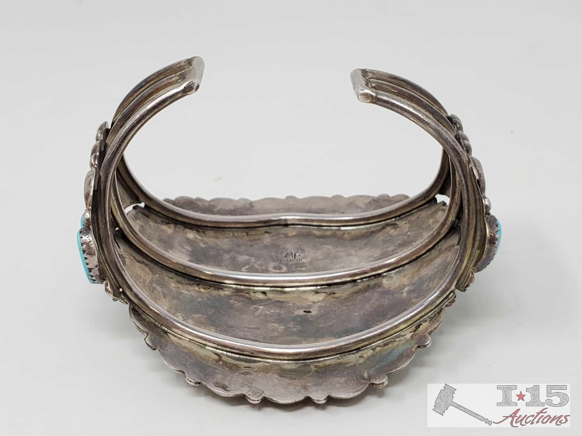 Native America JW Turquoise Cluster Sterling Silver Statement Cuff