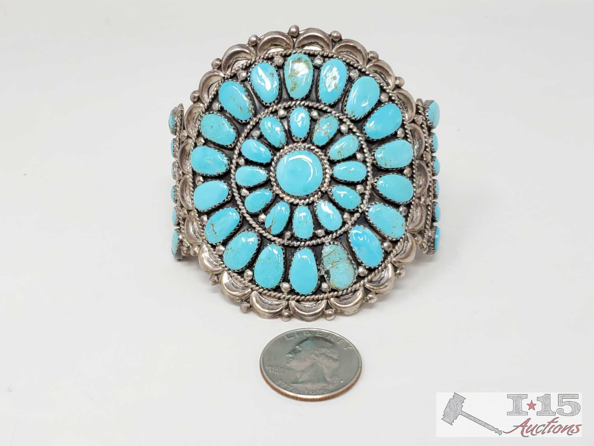 Native America JW Turquoise Cluster Sterling Silver Statement Cuff
