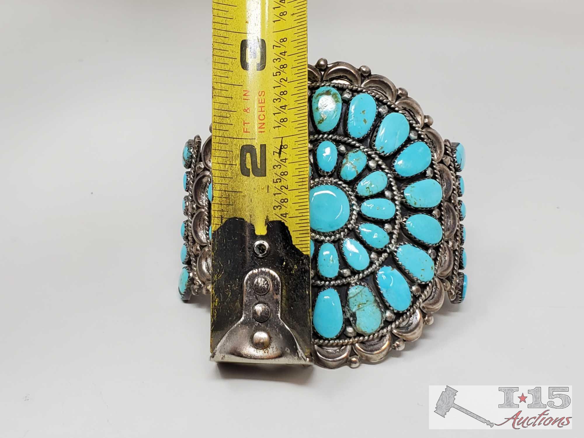 Native America JW Turquoise Cluster Sterling Silver Statement Cuff