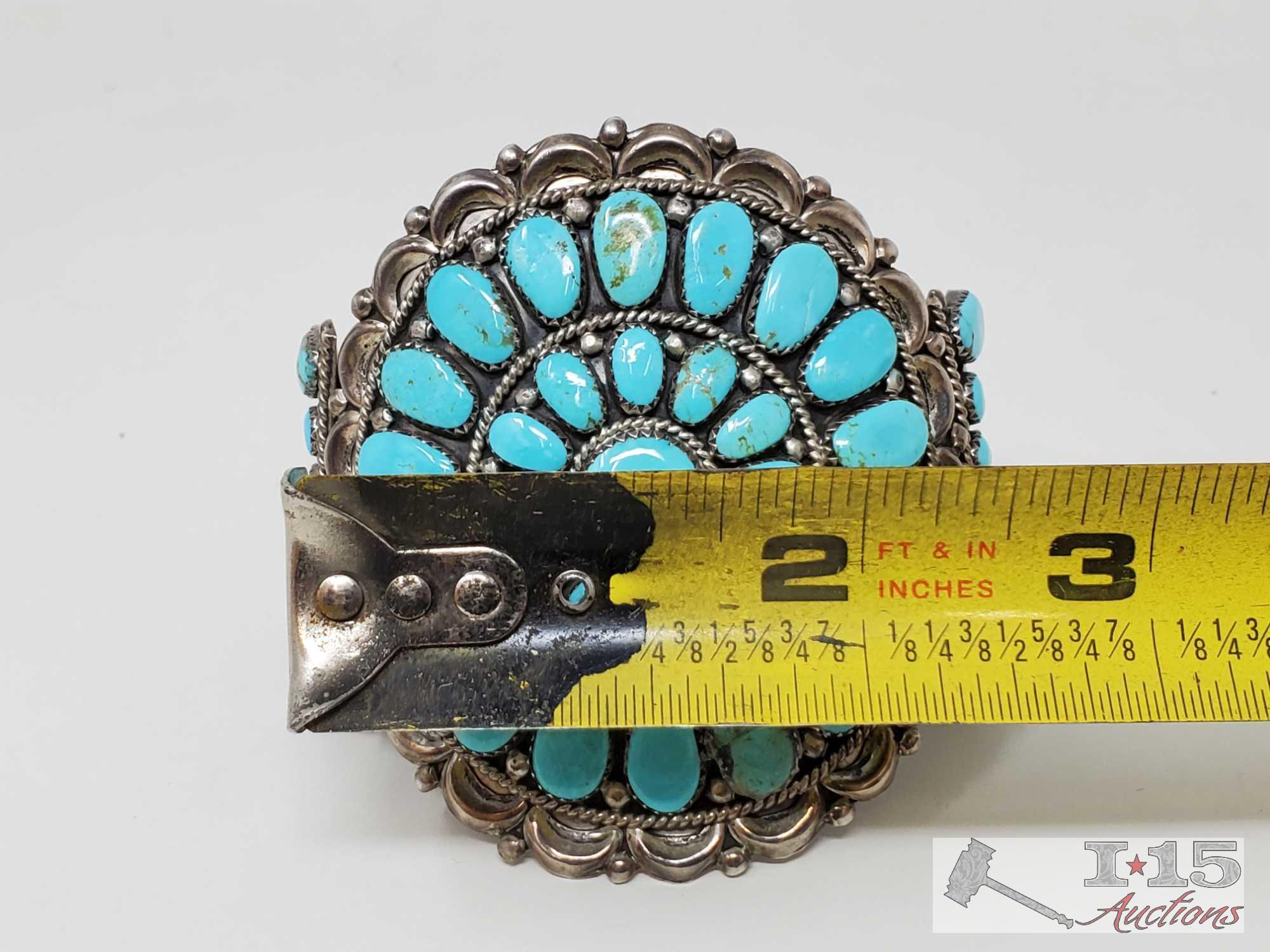 Native America JW Turquoise Cluster Sterling Silver Statement Cuff