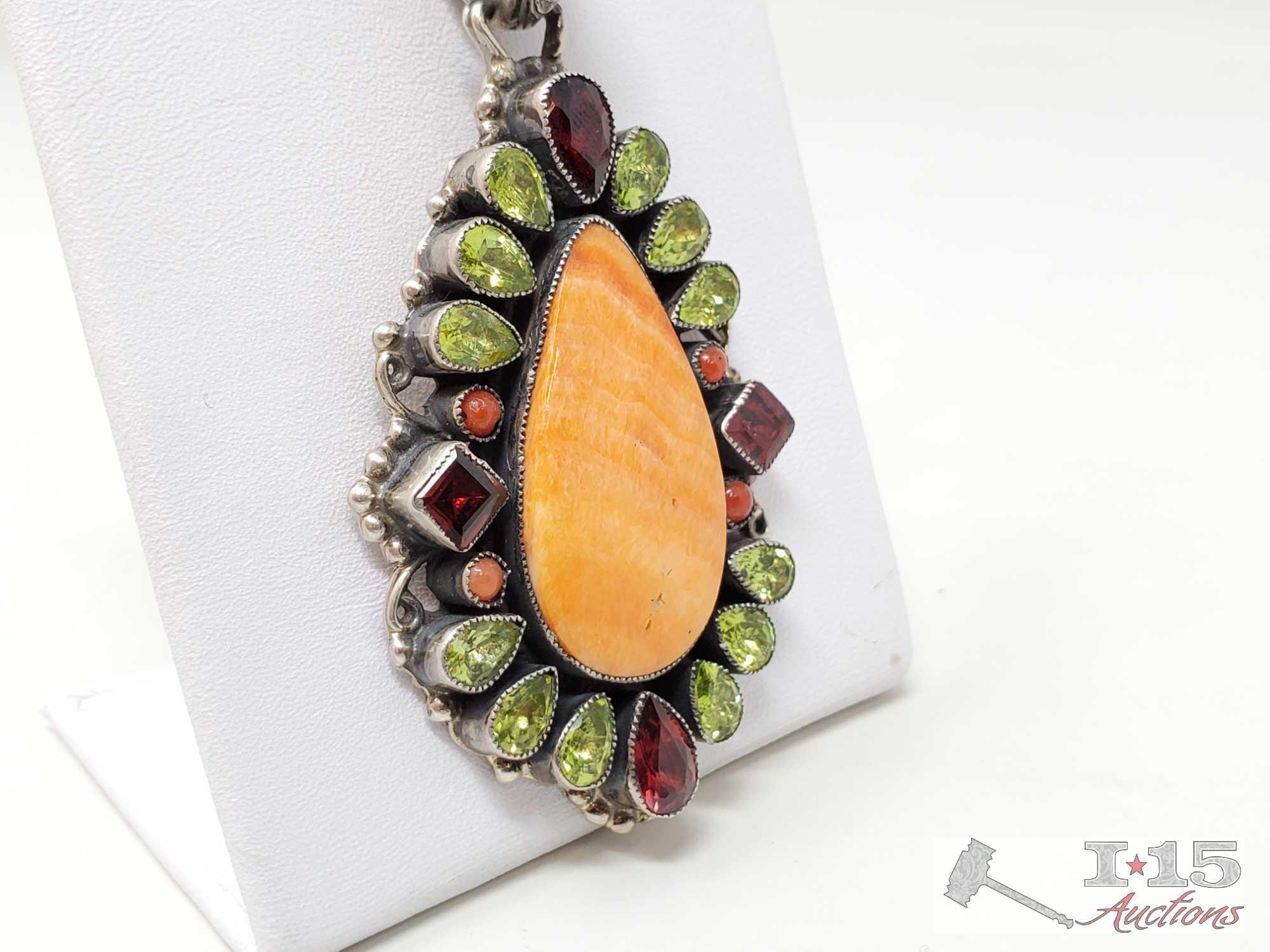 Native American J. Feeney Spiny Oyster Sterling Silver Pendent Complete with Semi Precious Stones