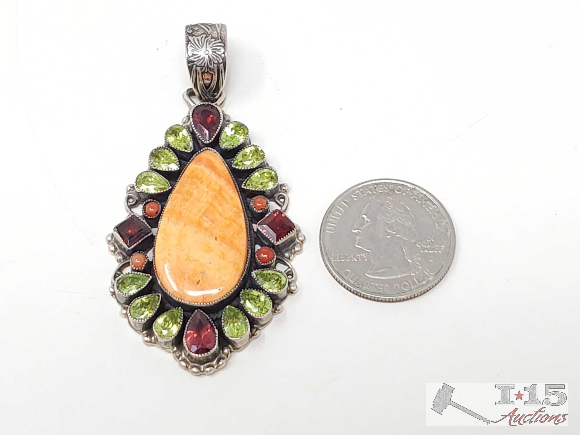 Native American J. Feeney Spiny Oyster Sterling Silver Pendent Complete with Semi Precious Stones