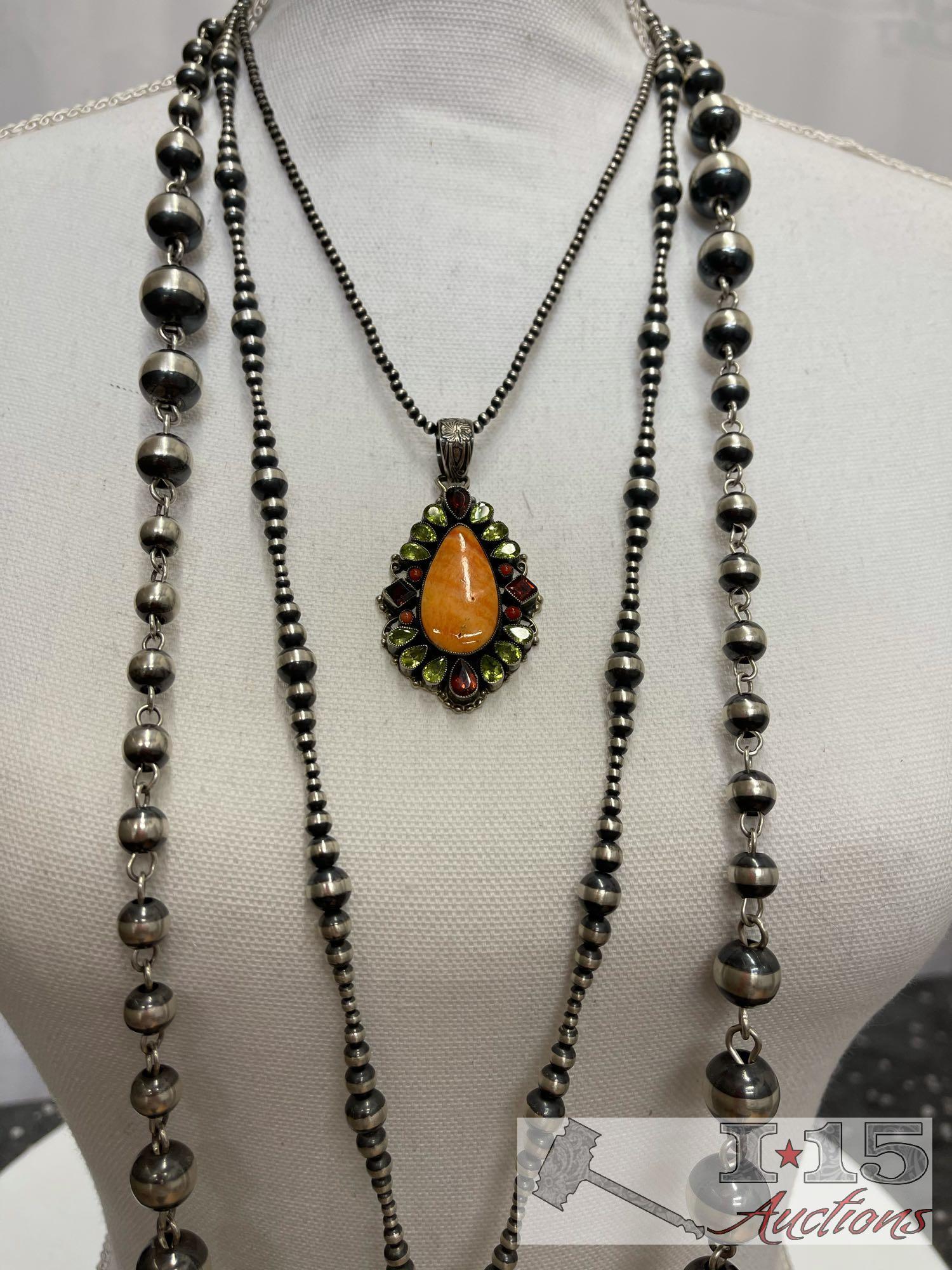 Native American J. Feeney Spiny Oyster Sterling Silver Pendent Complete with Semi Precious Stones