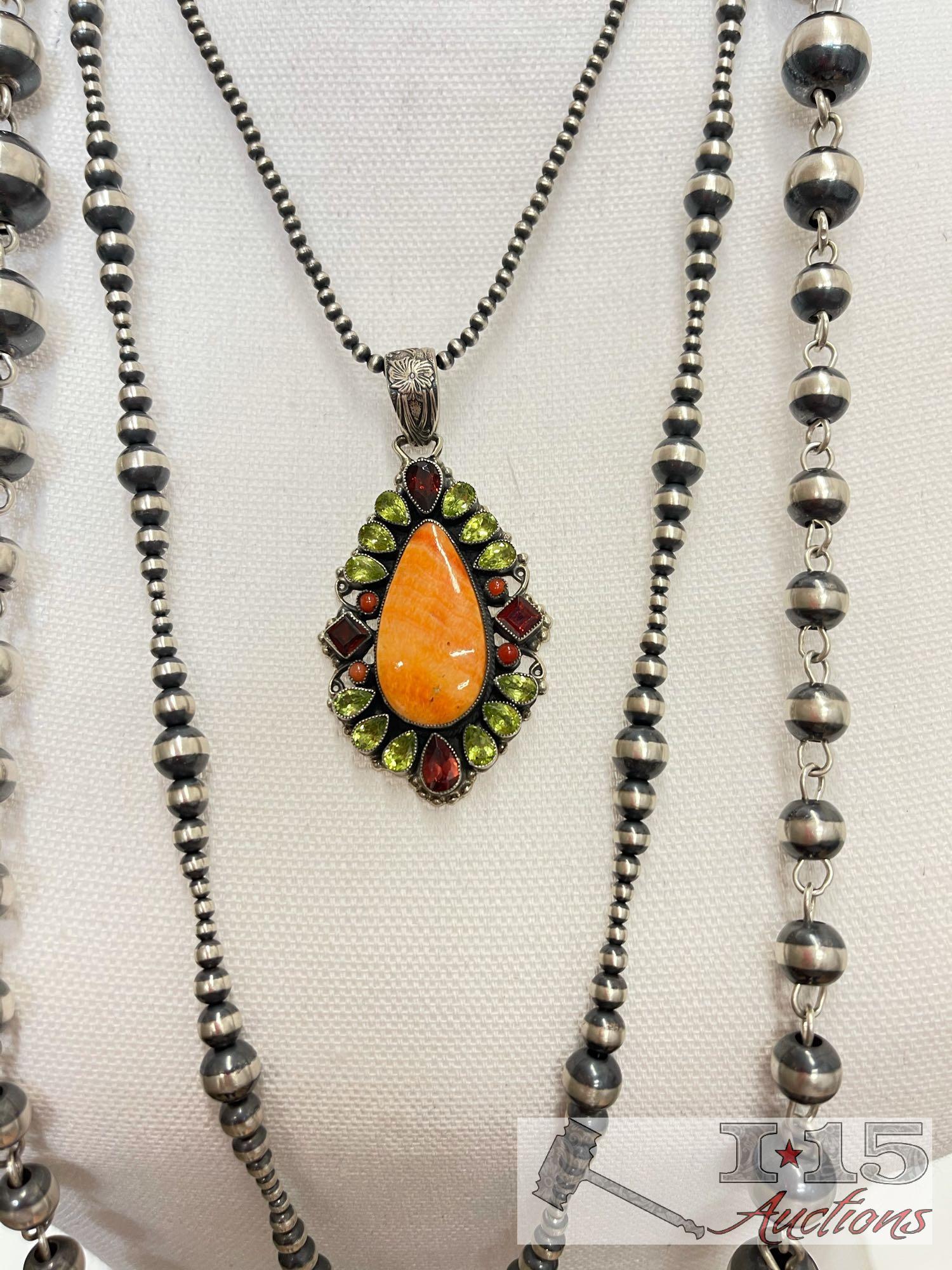 Native American J. Feeney Spiny Oyster Sterling Silver Pendent Complete with Semi Precious Stones