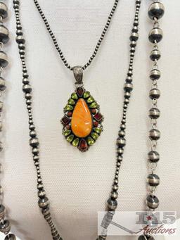 Native American J. Feeney Spiny Oyster Sterling Silver Pendent Complete with Semi Precious Stones