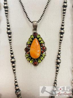 Native American J. Feeney Spiny Oyster Sterling Silver Pendent Complete with Semi Precious Stones