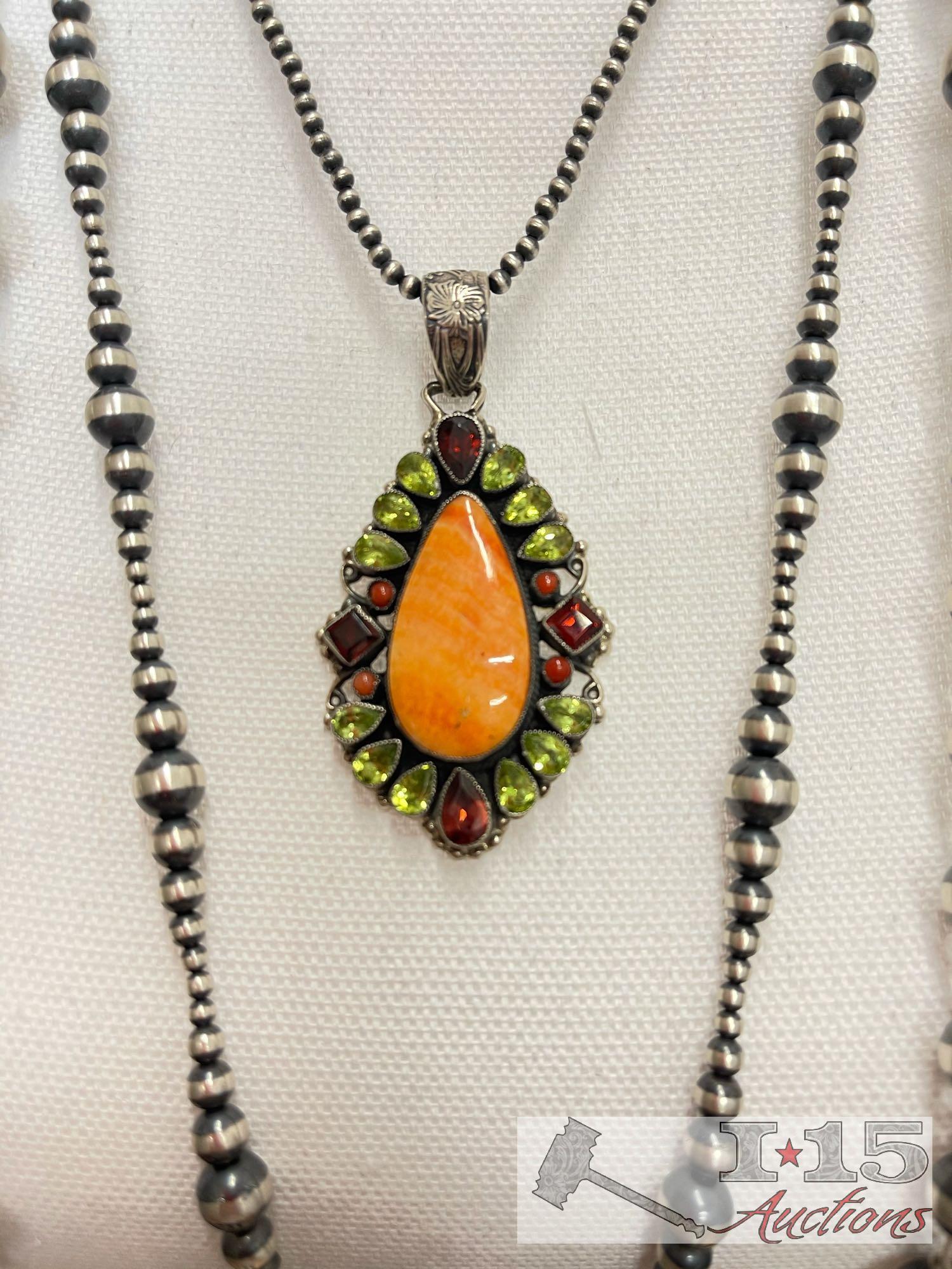 Native American J. Feeney Spiny Oyster Sterling Silver Pendent Complete with Semi Precious Stones