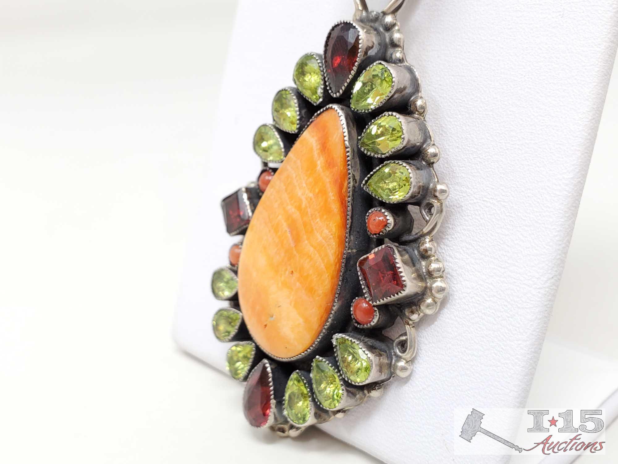 Native American J. Feeney Spiny Oyster Sterling Silver Pendent Complete with Semi Precious Stones