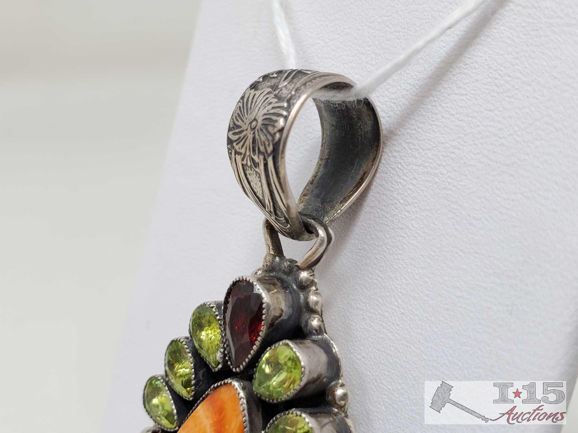Native American J. Feeney Spiny Oyster Sterling Silver Pendent Complete with Semi Precious Stones