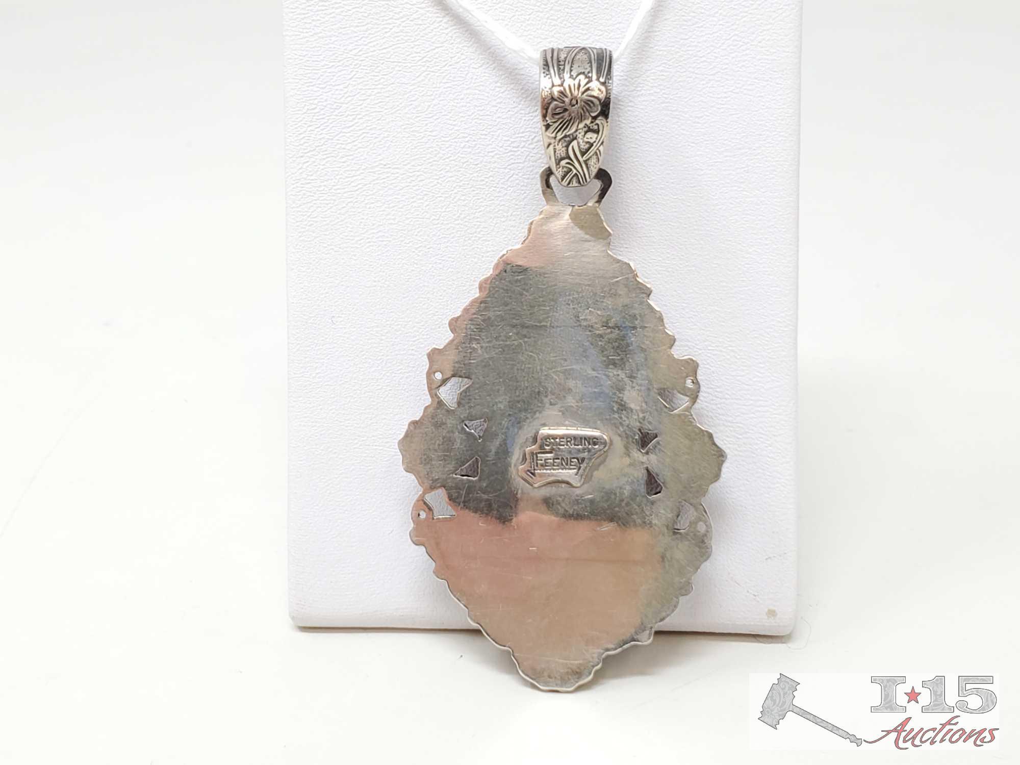 Native American J. Feeney Spiny Oyster Sterling Silver Pendent Complete with Semi Precious Stones