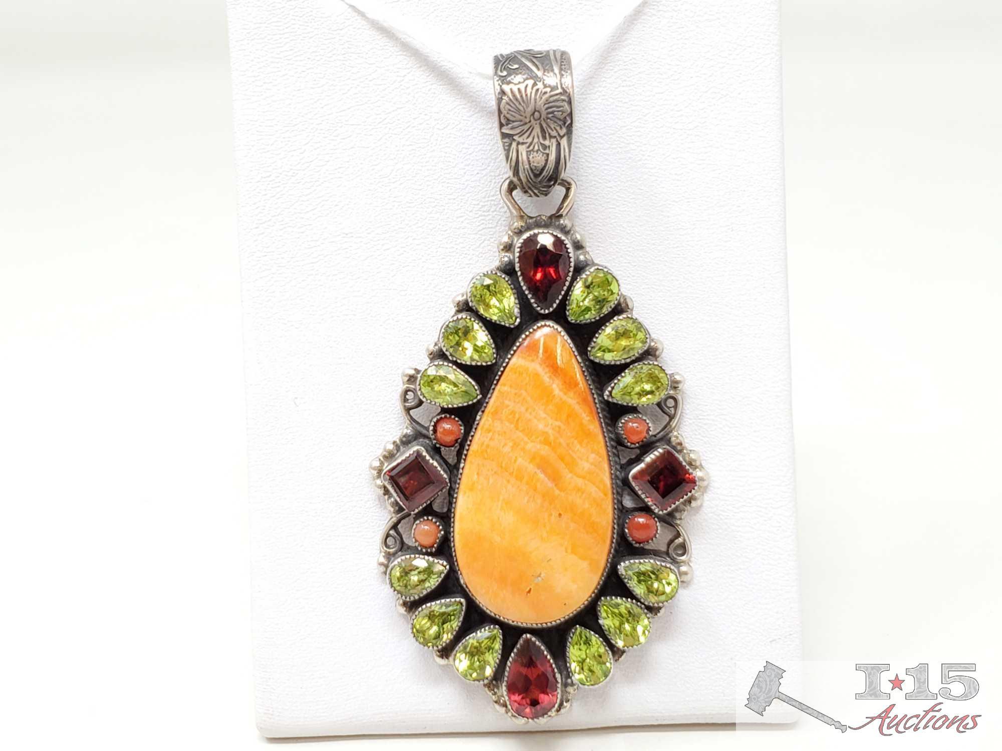 Native American J. Feeney Spiny Oyster Sterling Silver Pendent Complete with Semi Precious Stones