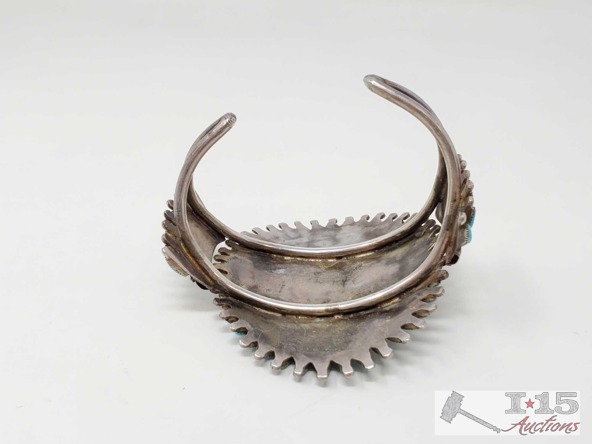 Native American Turquoise Cluster Sterling Silver Statement Cuff