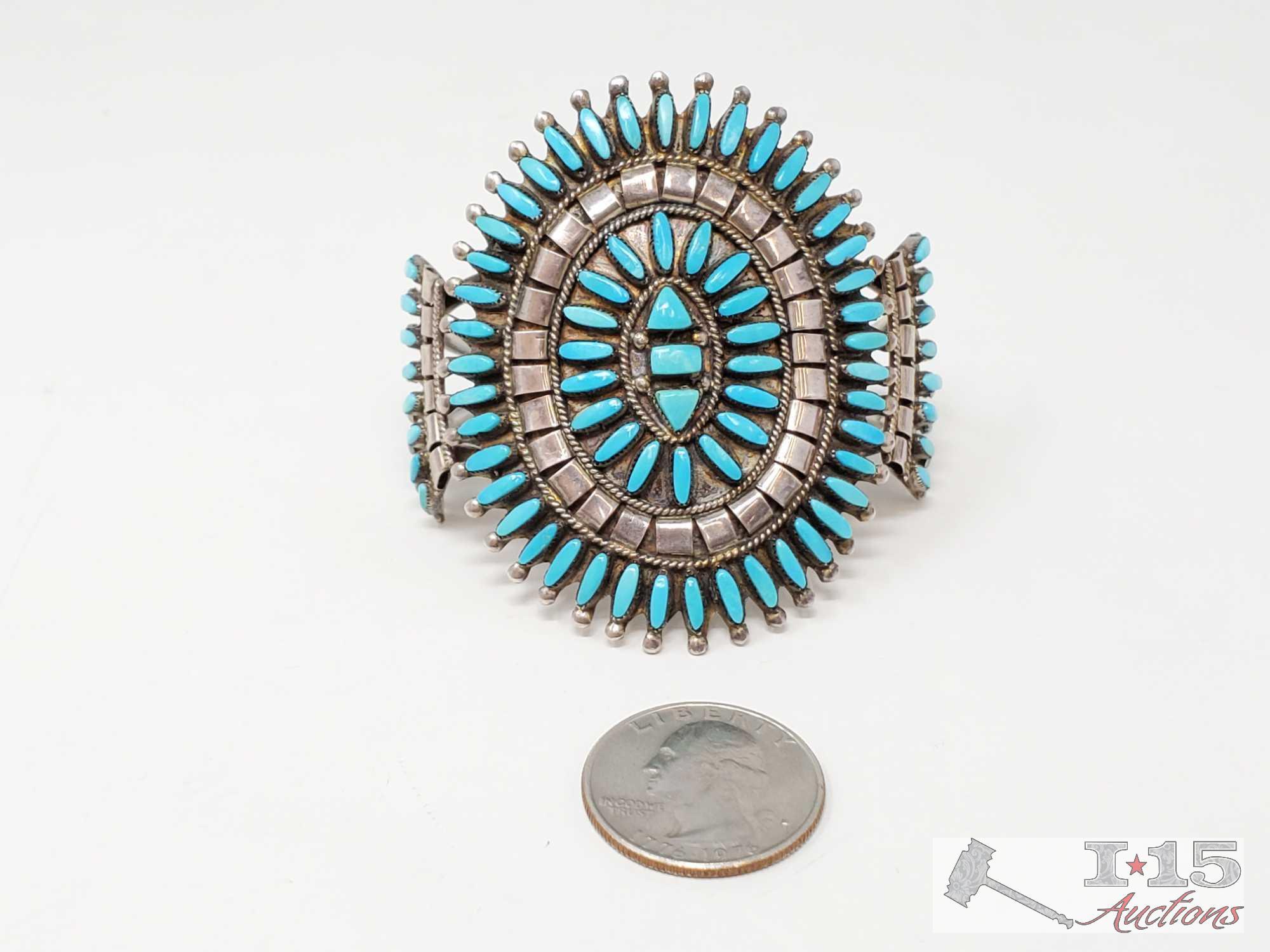 Native American Turquoise Cluster Sterling Silver Statement Cuff