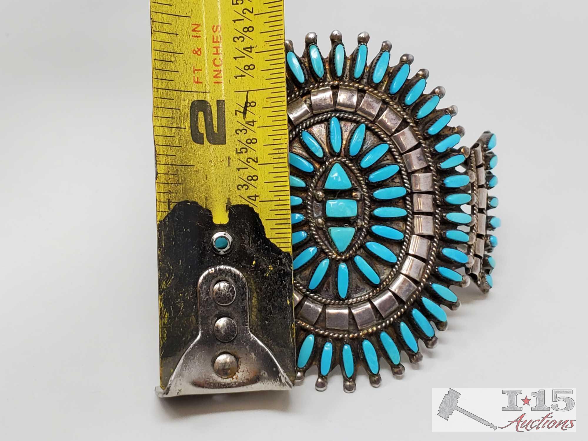 Native American Turquoise Cluster Sterling Silver Statement Cuff