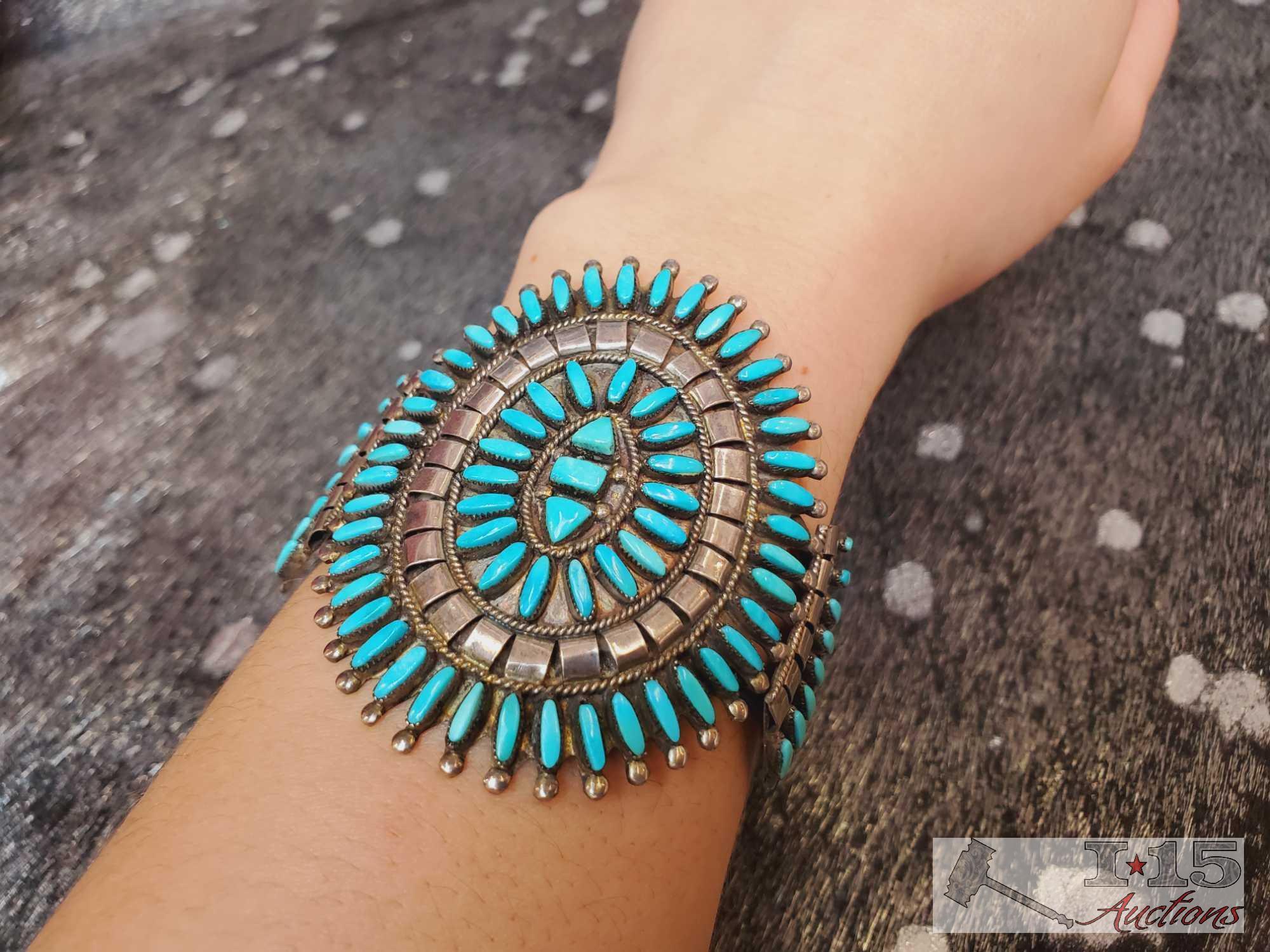 Native American Turquoise Cluster Sterling Silver Statement Cuff