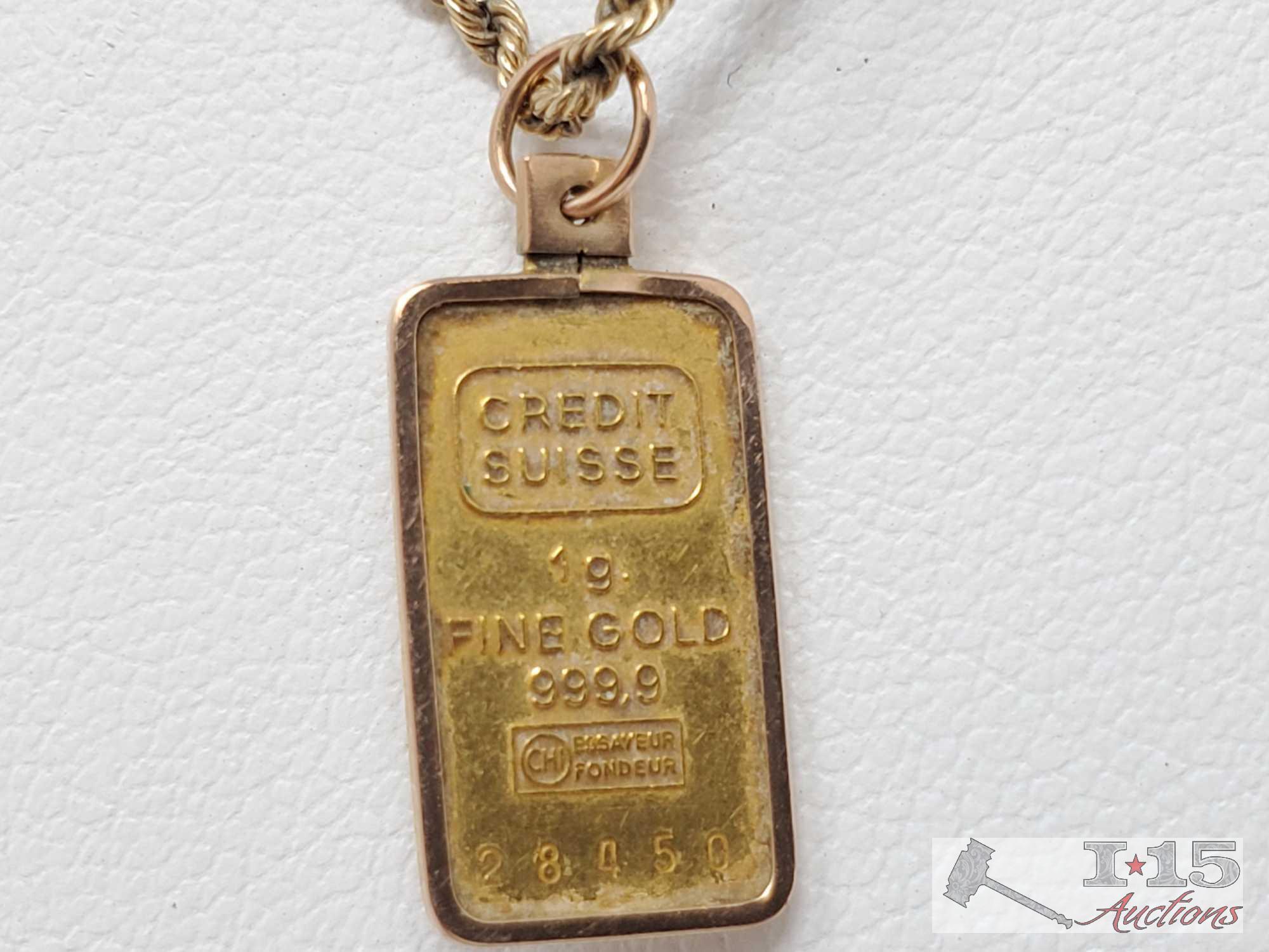 14k Gold Twisted Rope Chain With .999 Gold Bar Pendant 5.7g