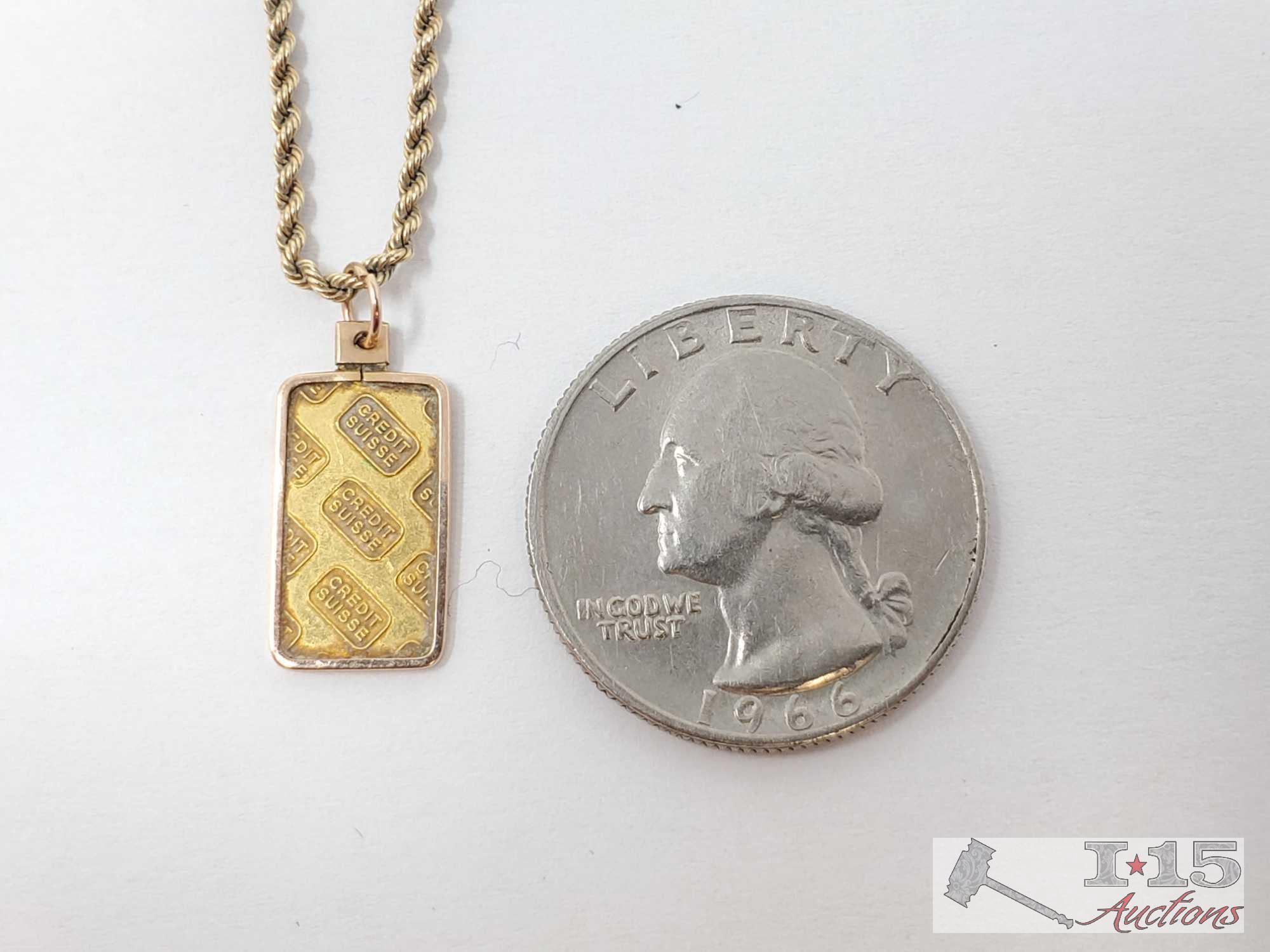 14k Gold Twisted Rope Chain With .999 Gold Bar Pendant 5.7g