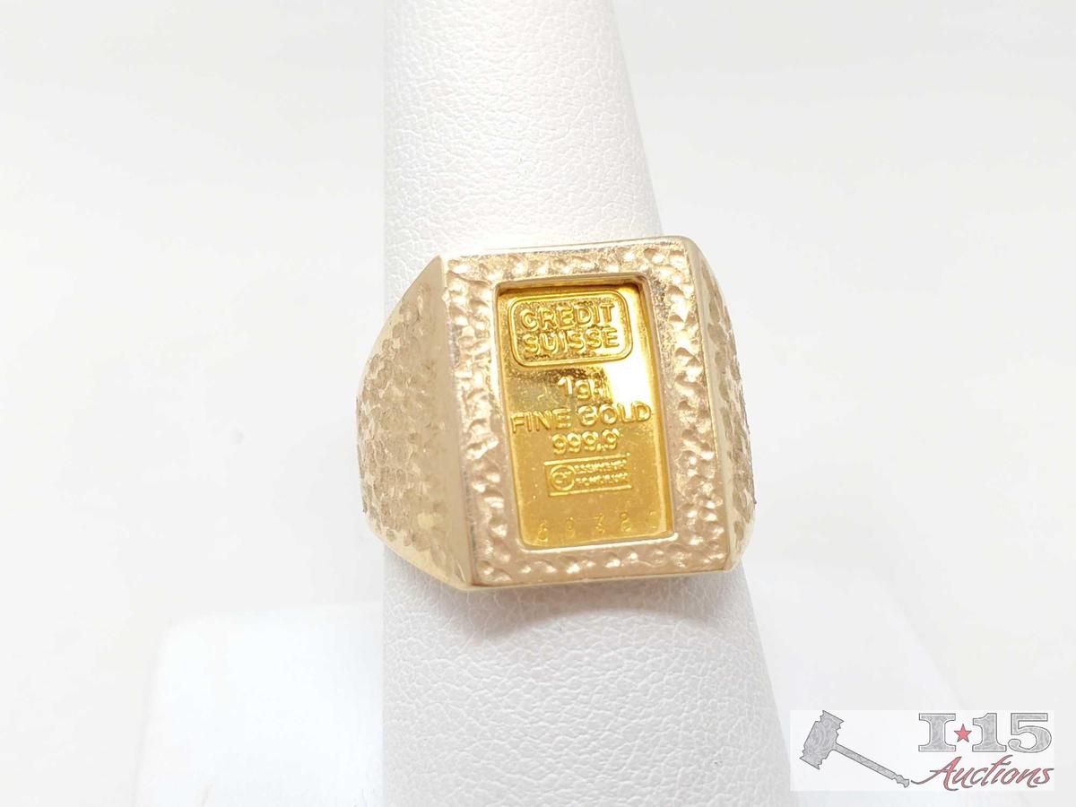 14k Gold Ring with 1g Fine Gold Bar 999.9 6.7g with Certificate