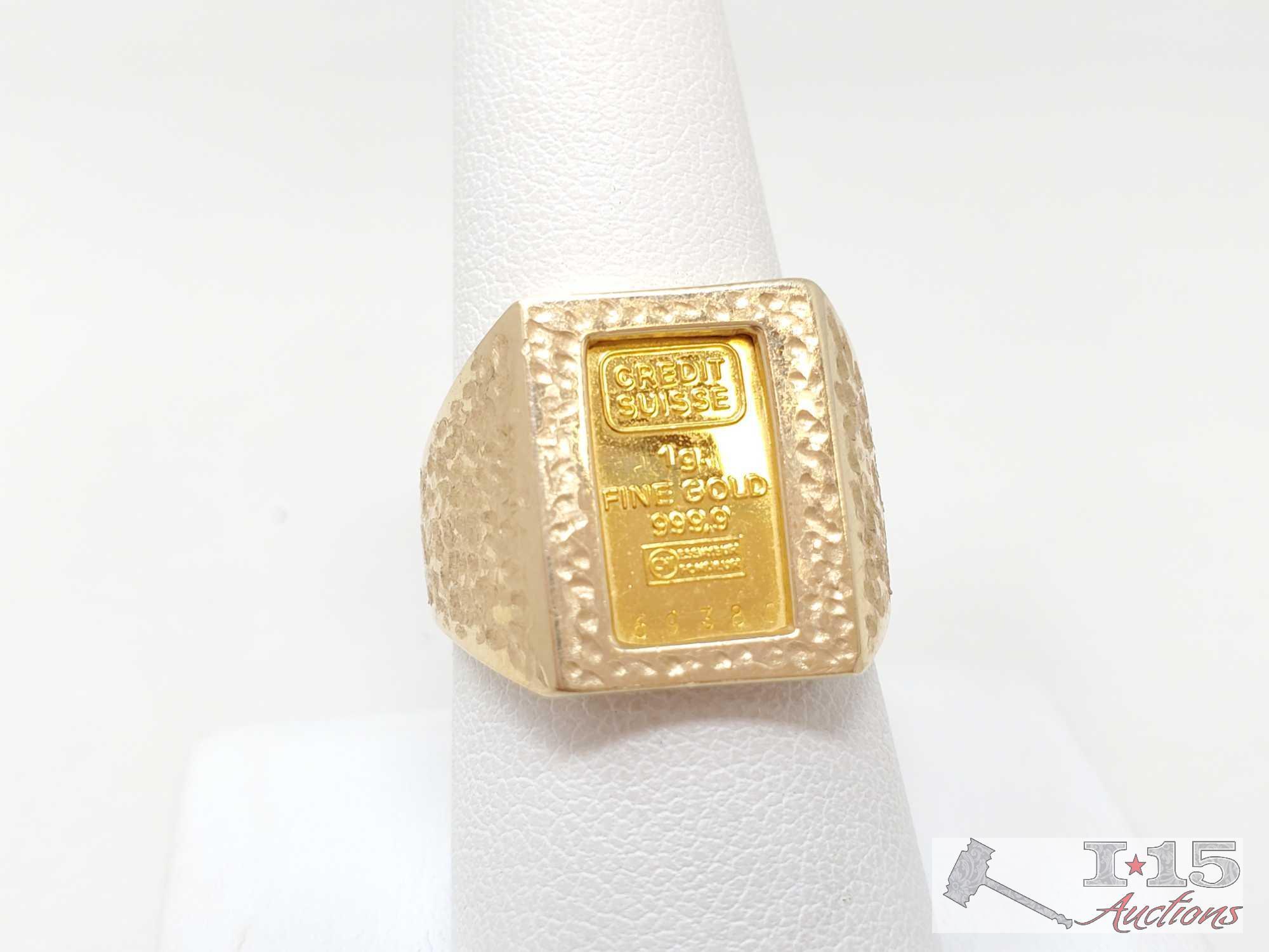 14k Gold Ring with 1g Fine Gold Bar 999.9 6.7g with Certificate