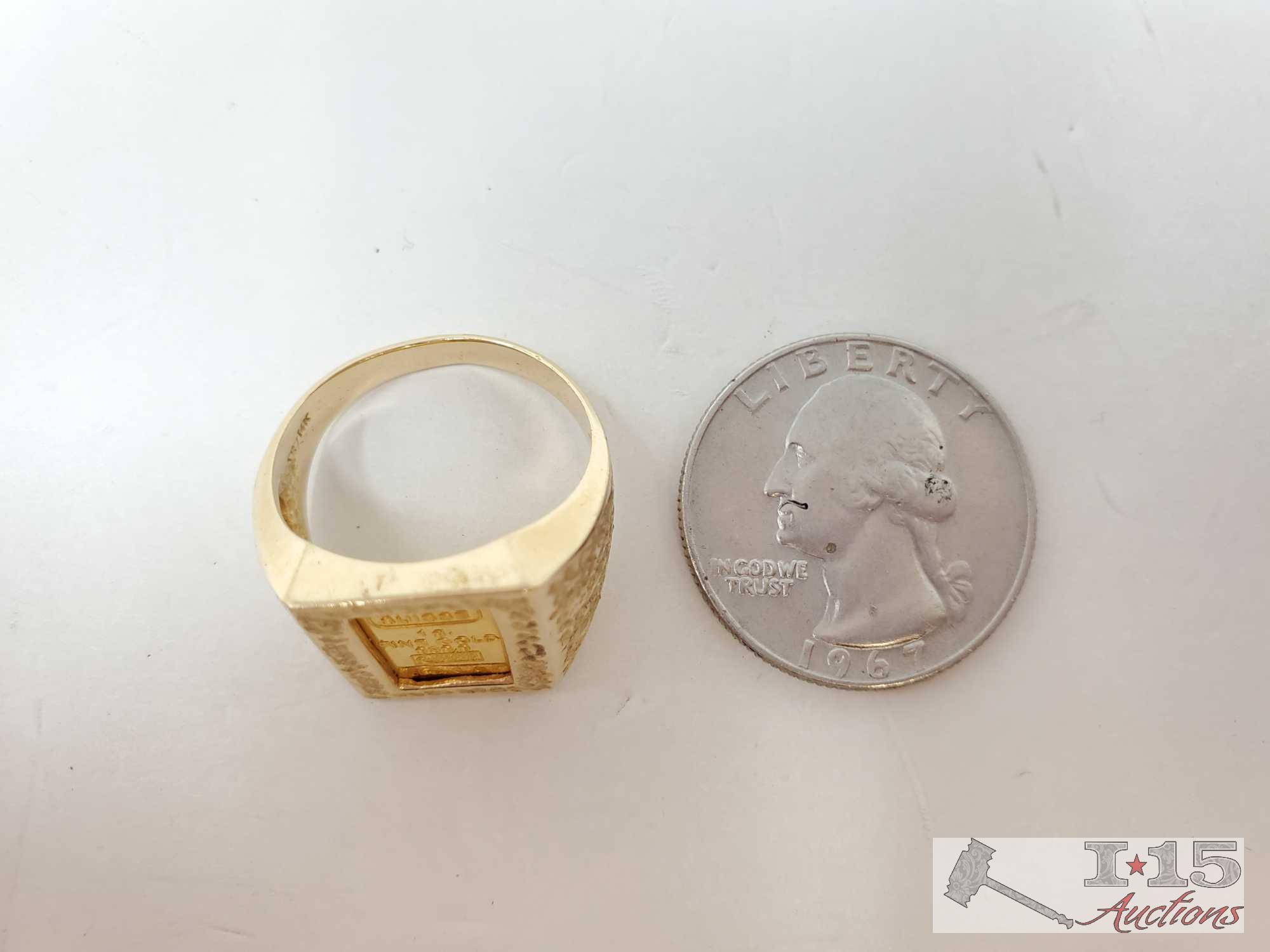 14k Gold Ring with 1g Fine Gold Bar 999.9 6.7g with Certificate