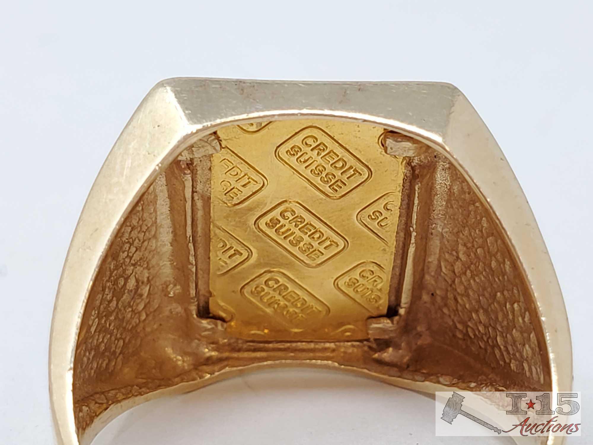 14k Gold Ring with 1g Fine Gold Bar 999.9 6.7g with Certificate