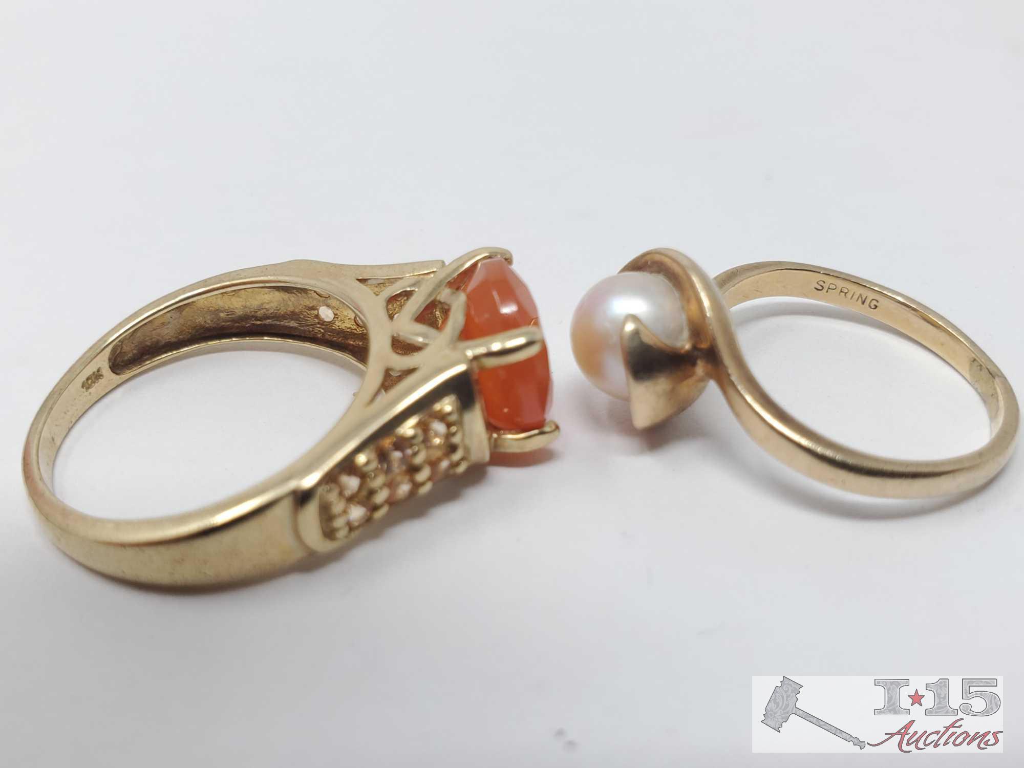 10k Gold Pearl Ring And 10k Gold Tangerine Semi-Precious Stone Ring 6.1g