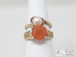 10k Gold Pearl Ring And 10k Gold Tangerine Semi-Precious Stone Ring 6.1g