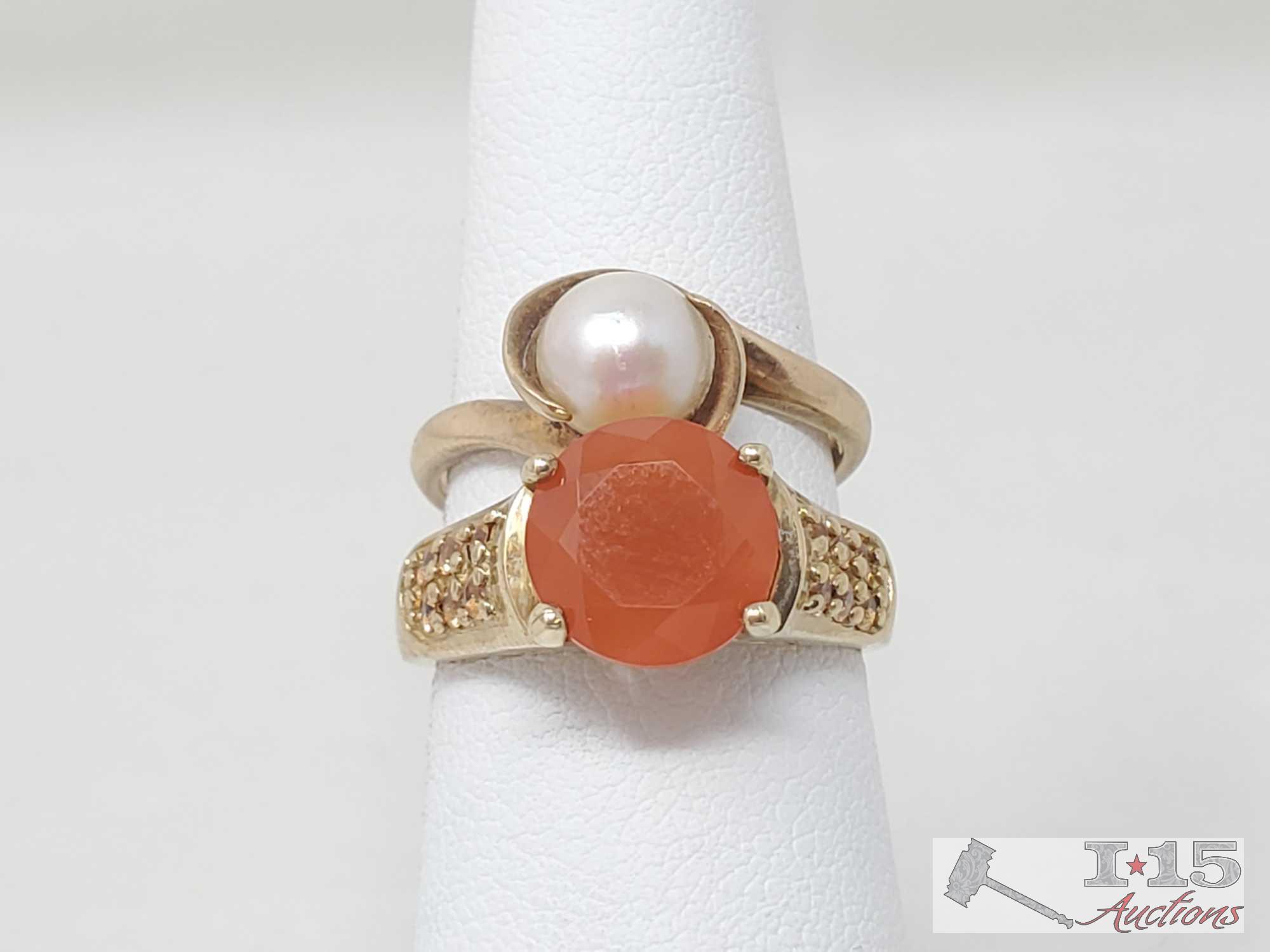 10k Gold Pearl Ring And 10k Gold Tangerine Semi-Precious Stone Ring 6.1g