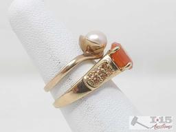 10k Gold Pearl Ring And 10k Gold Tangerine Semi-Precious Stone Ring 6.1g