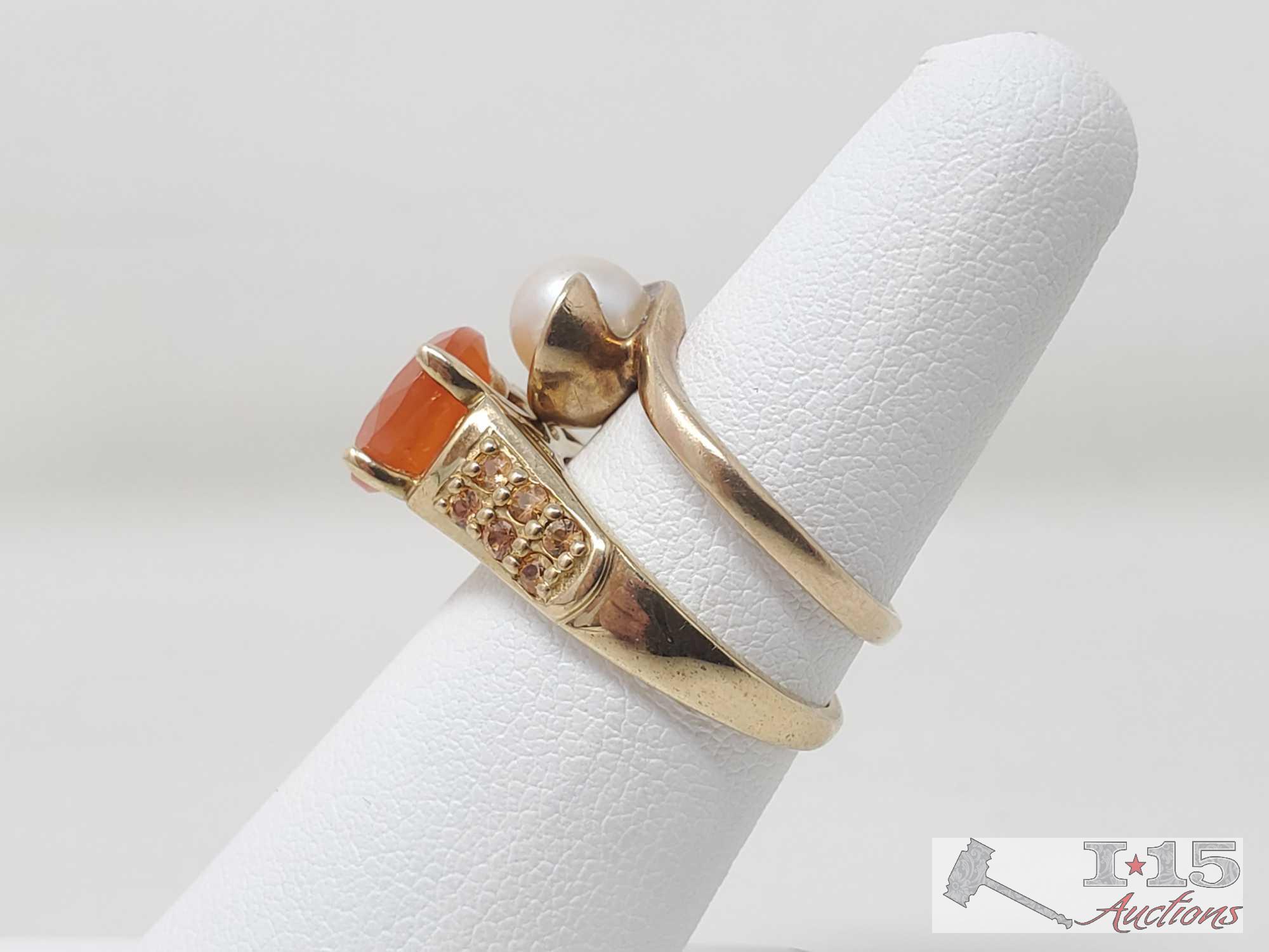 10k Gold Pearl Ring And 10k Gold Tangerine Semi-Precious Stone Ring 6.1g