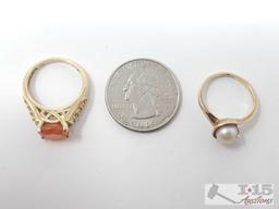 10k Gold Pearl Ring And 10k Gold Tangerine Semi-Precious Stone Ring 6.1g