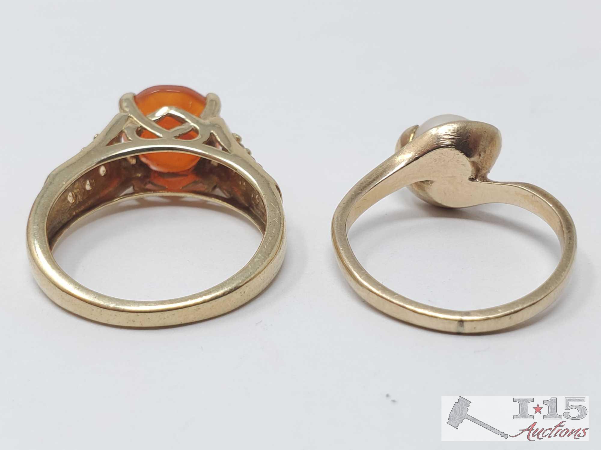 10k Gold Pearl Ring And 10k Gold Tangerine Semi-Precious Stone Ring 6.1g