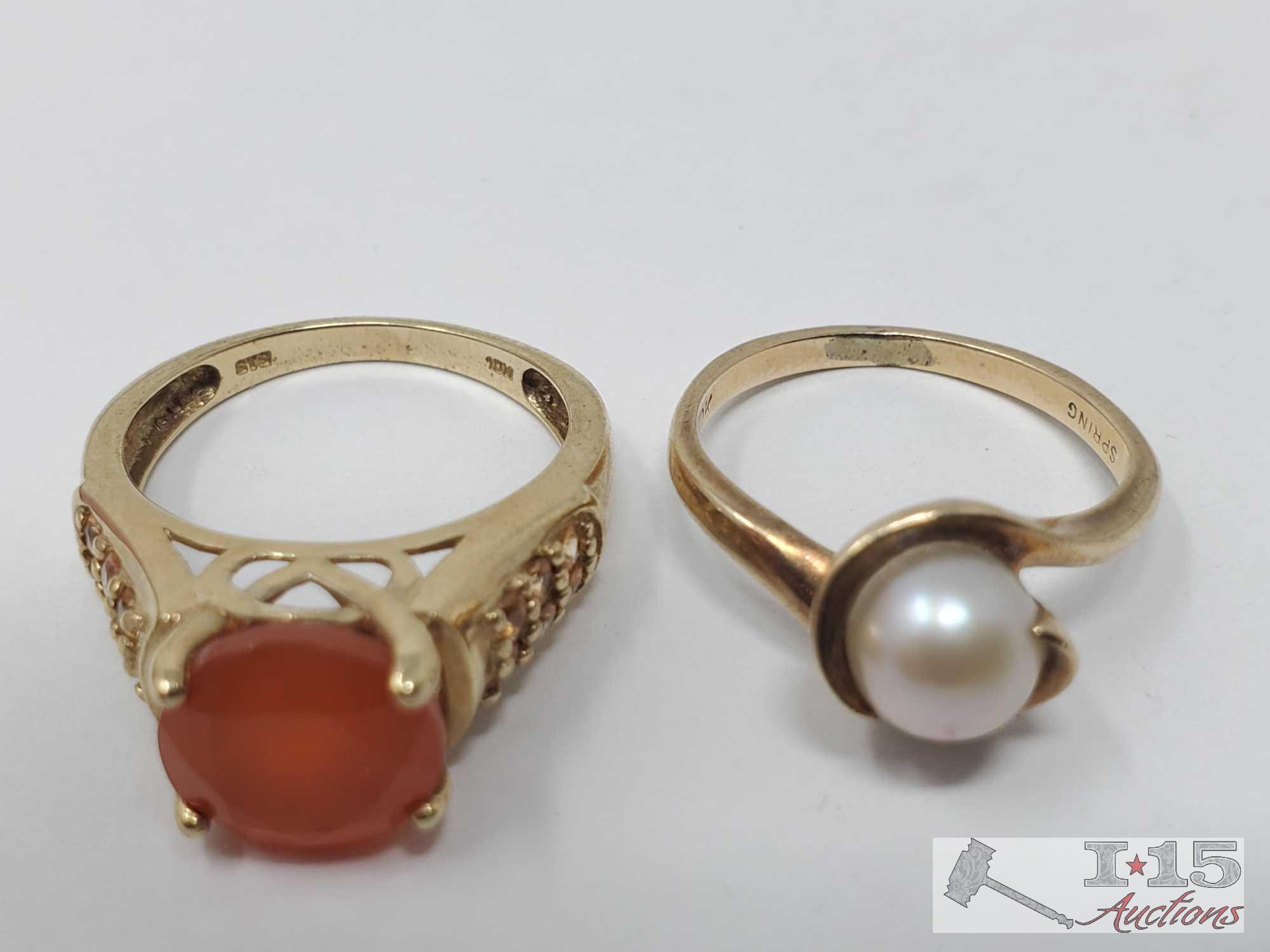 10k Gold Pearl Ring And 10k Gold Tangerine Semi-Precious Stone Ring 6.1g
