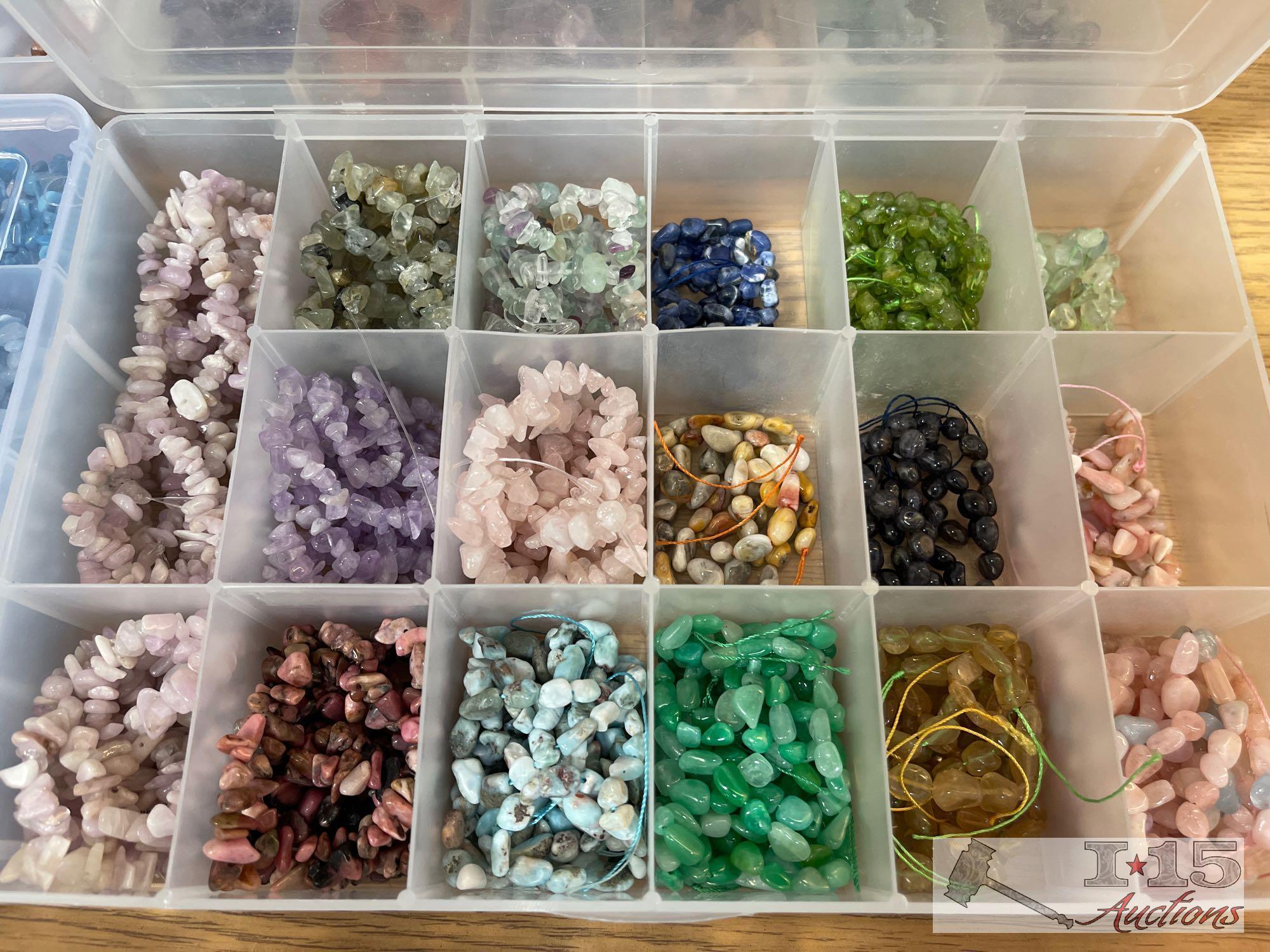 12 Organizers Full of Stringed Stones of Various Colors