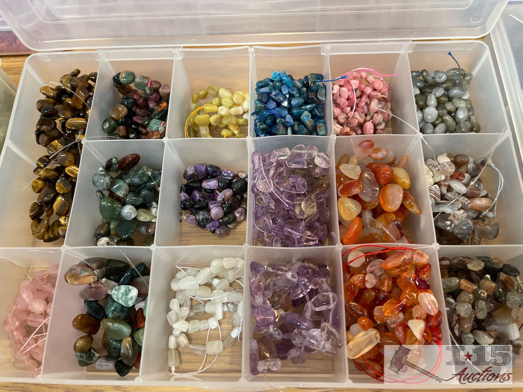 12 Organizers Full of Stringed Stones of Various Colors