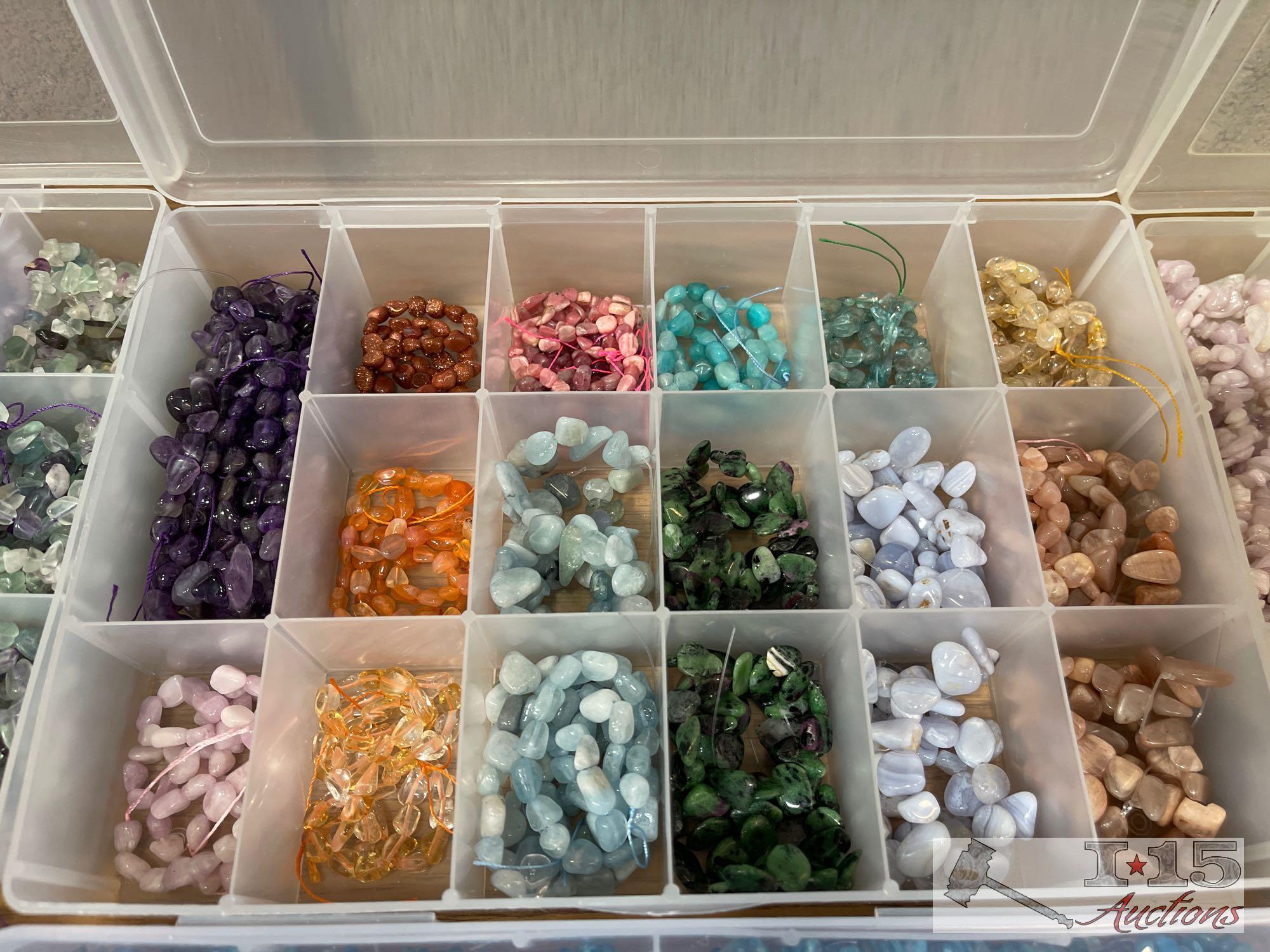 12 Organizers Full of Stringed Stones of Various Colors