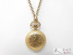 7 Jewels Caravelle Watch Pendant With Chain And Pait Of Single Bead Earrings
