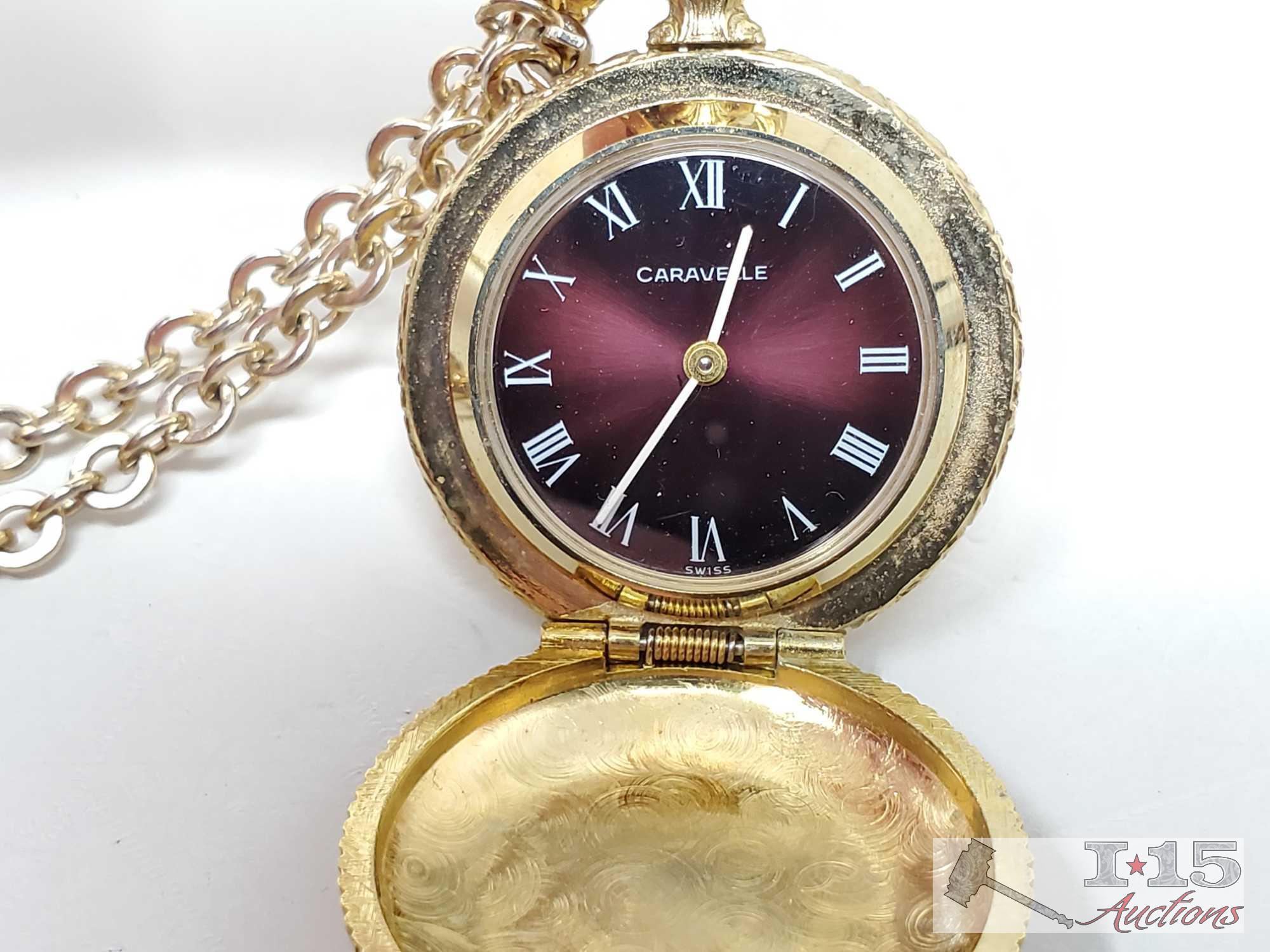 7 Jewels Caravelle Watch Pendant With Chain And Pait Of Single Bead Earrings