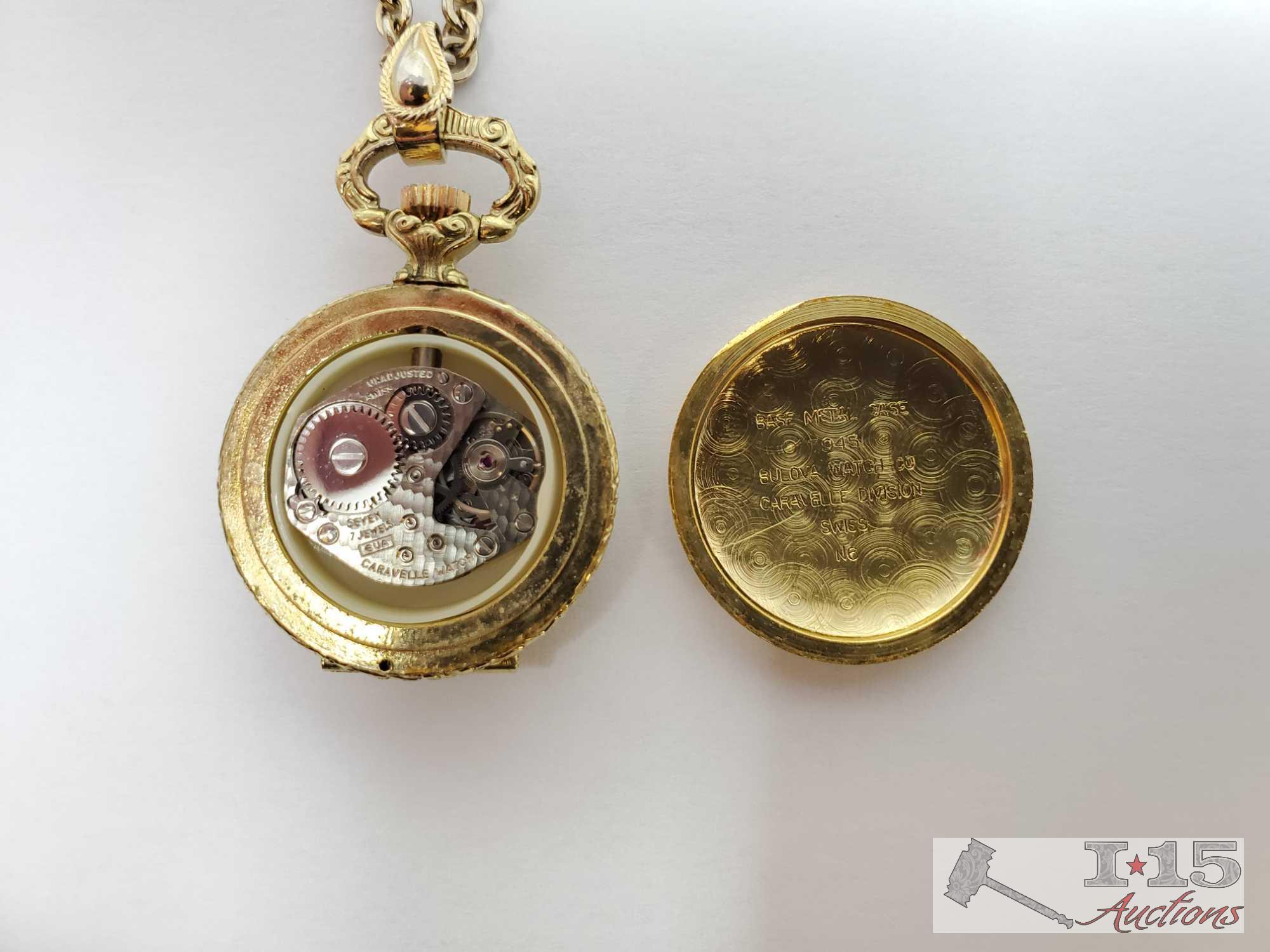 7 Jewels Caravelle Watch Pendant With Chain And Pait Of Single Bead Earrings
