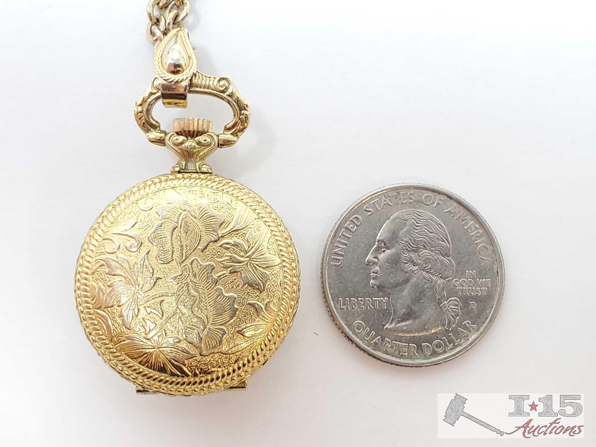 7 Jewels Caravelle Watch Pendant With Chain And Pait Of Single Bead Earrings