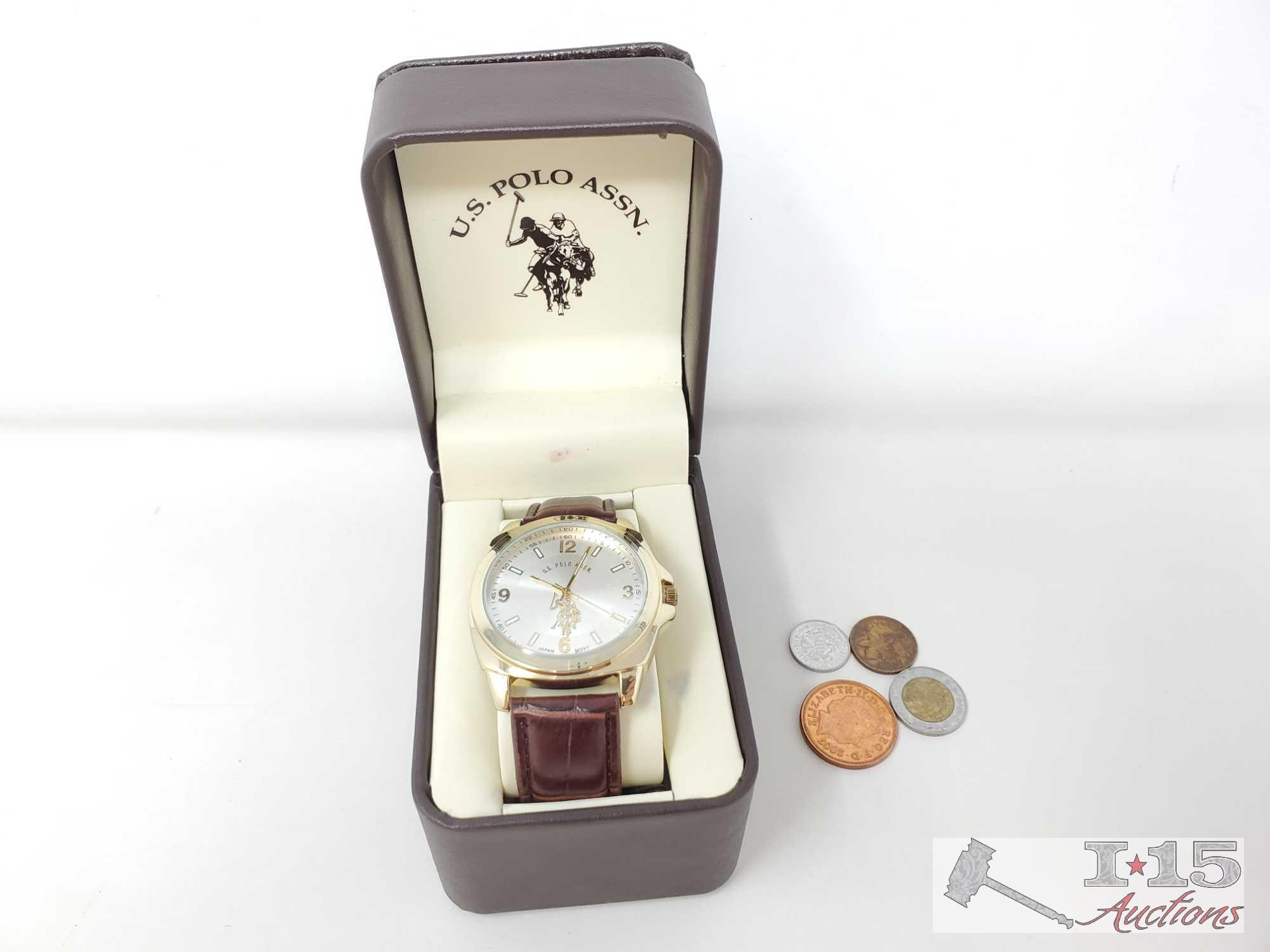NEW! U.S. Polo Assn. Watch In Original Box And Foreign Currency