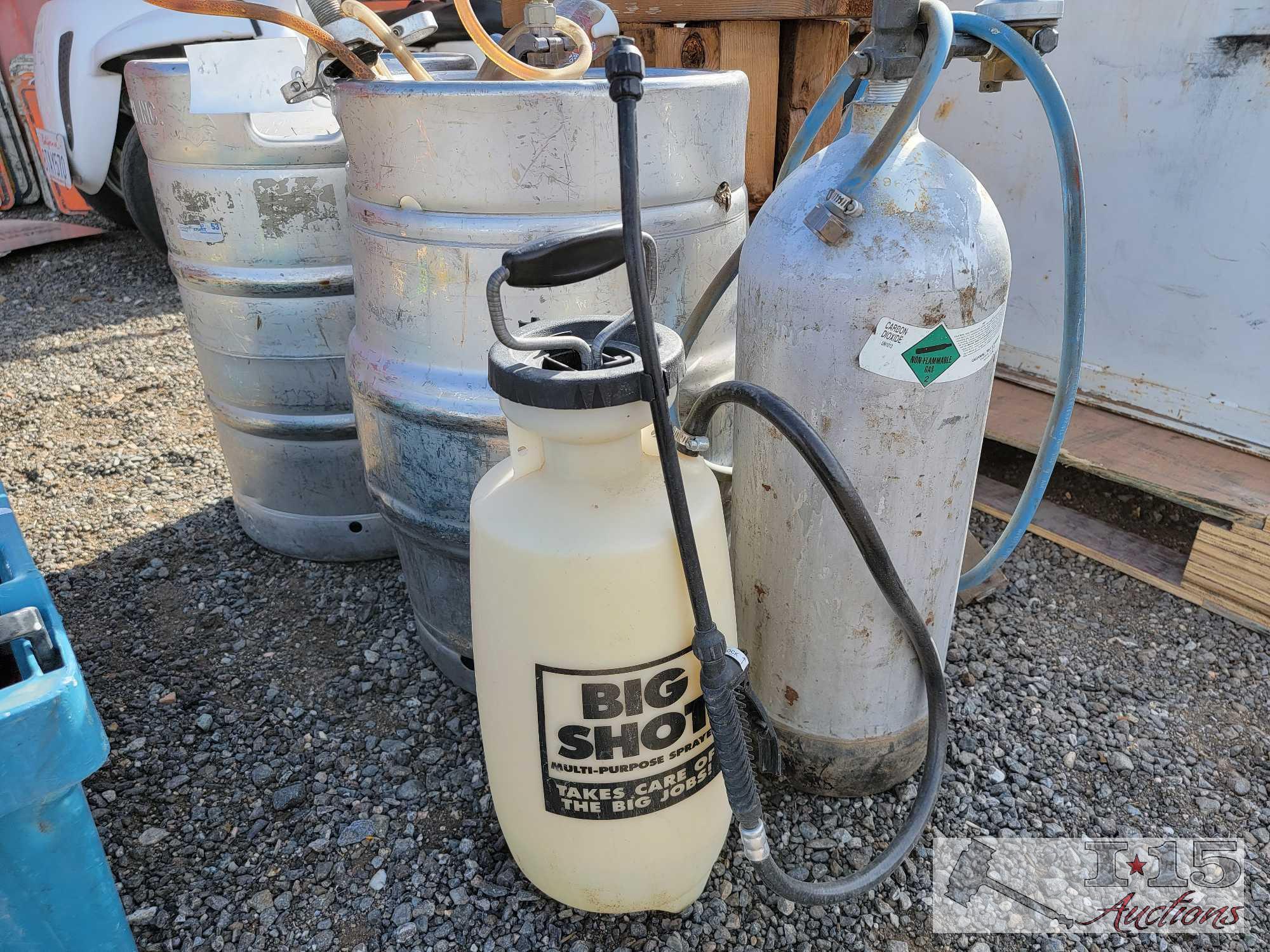 (2) 15.5 U.S. Gallon Beer Kegs, Carbon Dioxide Tank and Multi-Purpose Sprayer