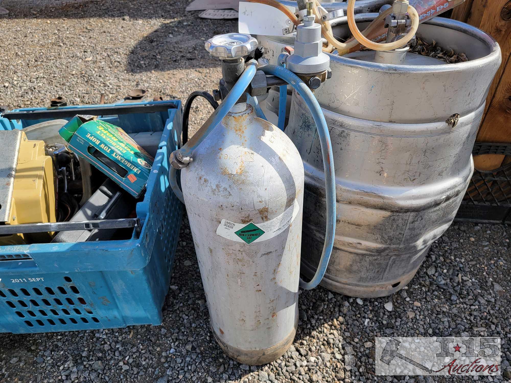 (2) 15.5 U.S. Gallon Beer Kegs, Carbon Dioxide Tank and Multi-Purpose Sprayer