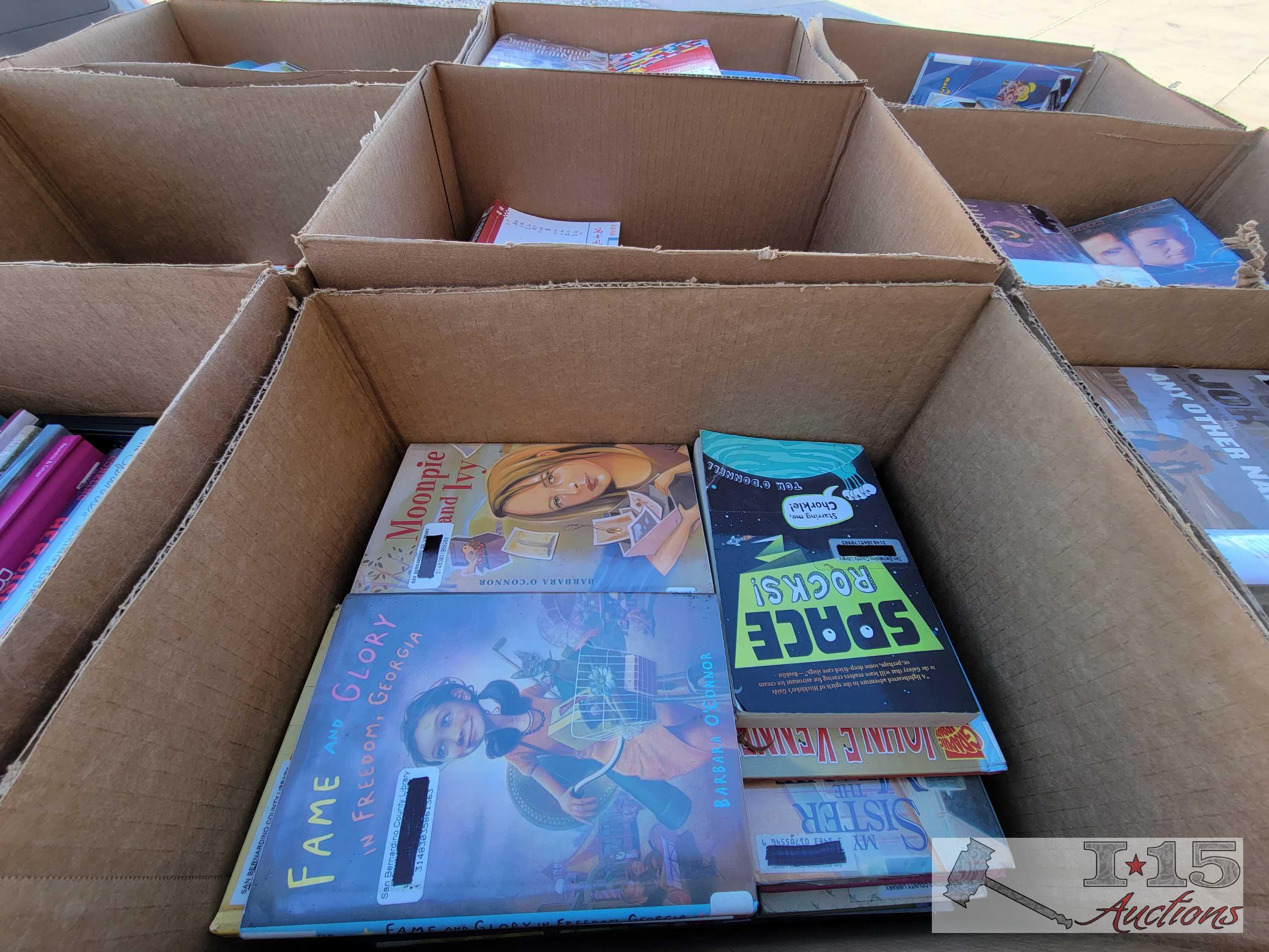 36 Cases of Books, Audiobooks, Dvds, and Magazine