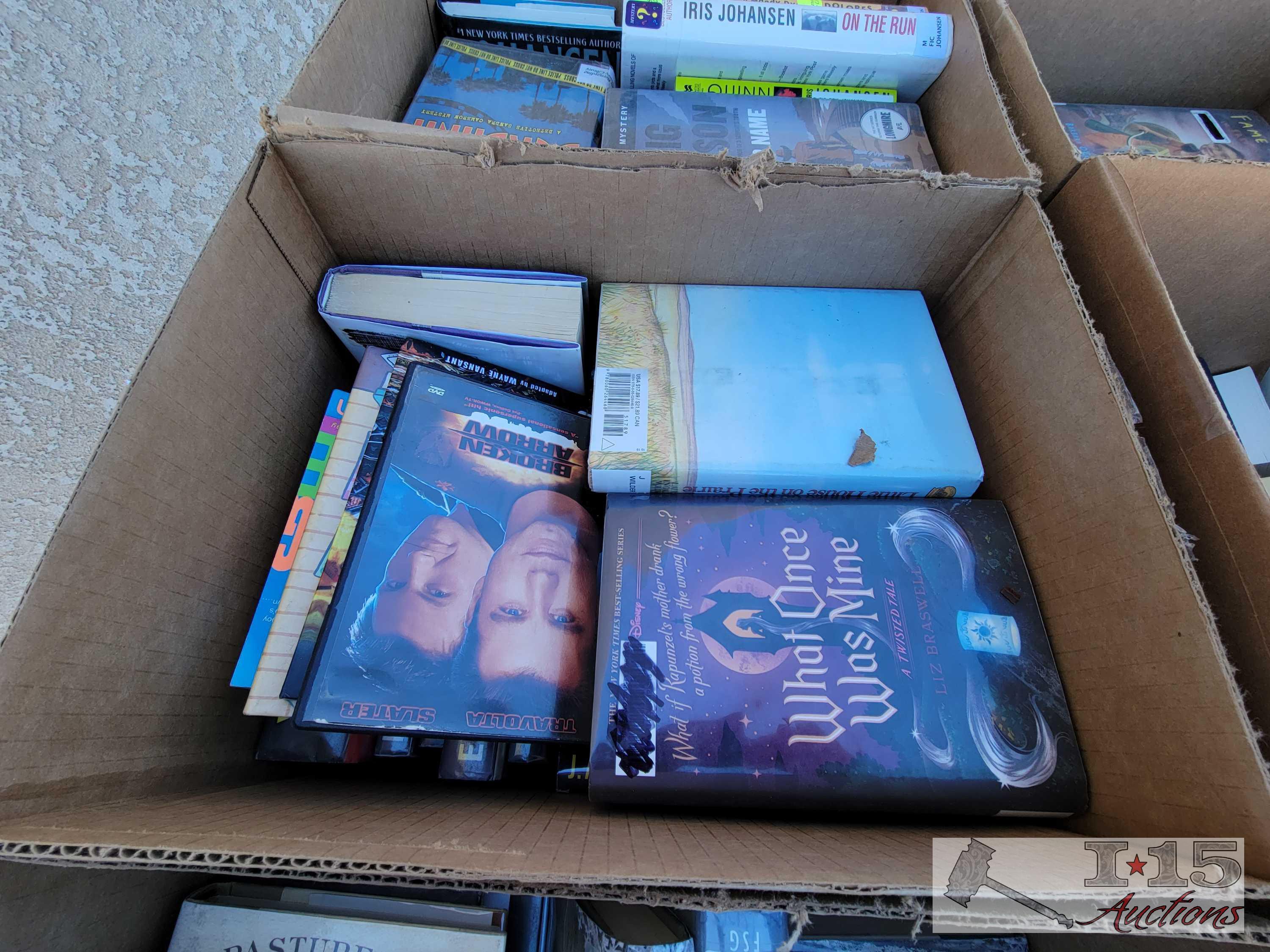 36 Cases of Books, Audiobooks, Dvds, and Magazine